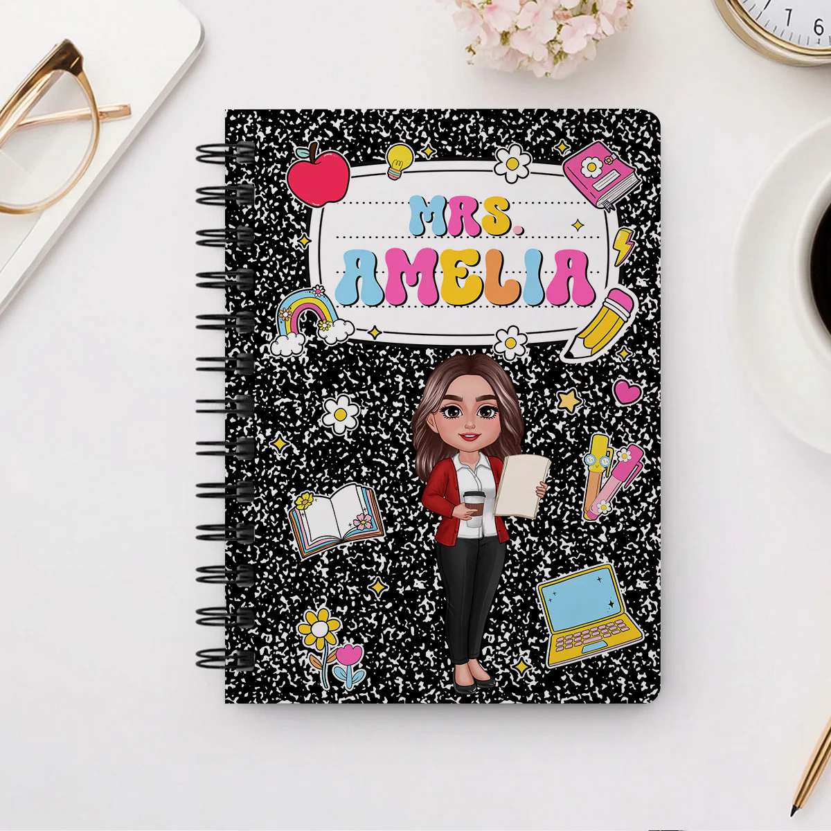 Teacher Composition Book Pattern Personalized Spiral Notebook Journal, Gift For Teacher, Back To School Stationery