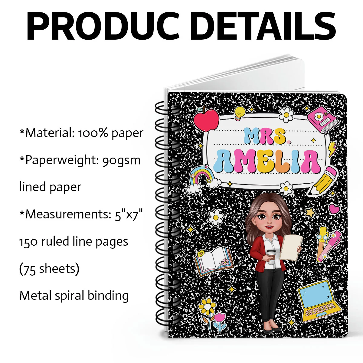 Teacher Composition Book Pattern Personalized Spiral Notebook Journal, Gift For Teacher, Back To School Stationery - Image 5