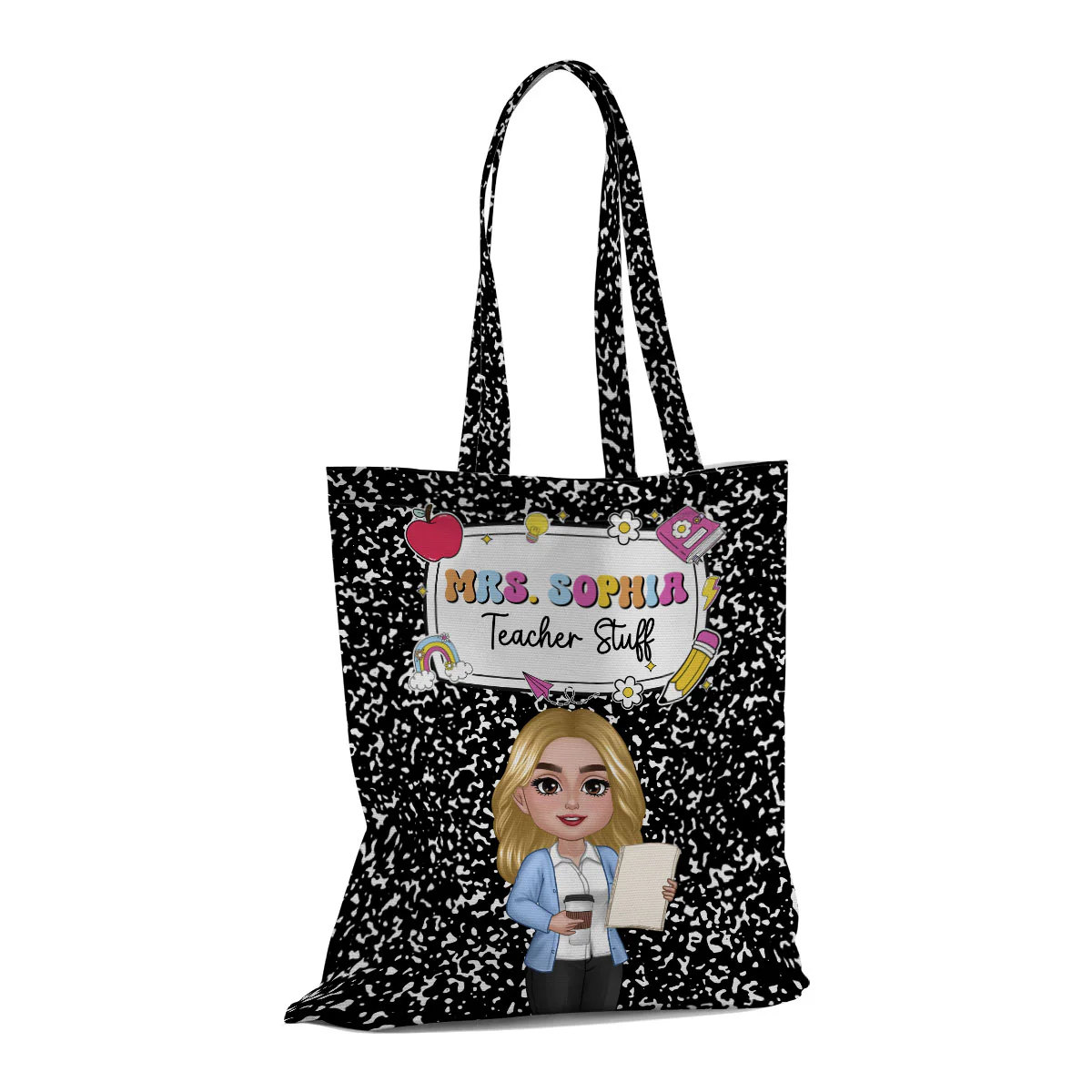 Teacher Composition Book Pattern Personalized Tote Bag, Back To School Gift For Teacher - Image 2