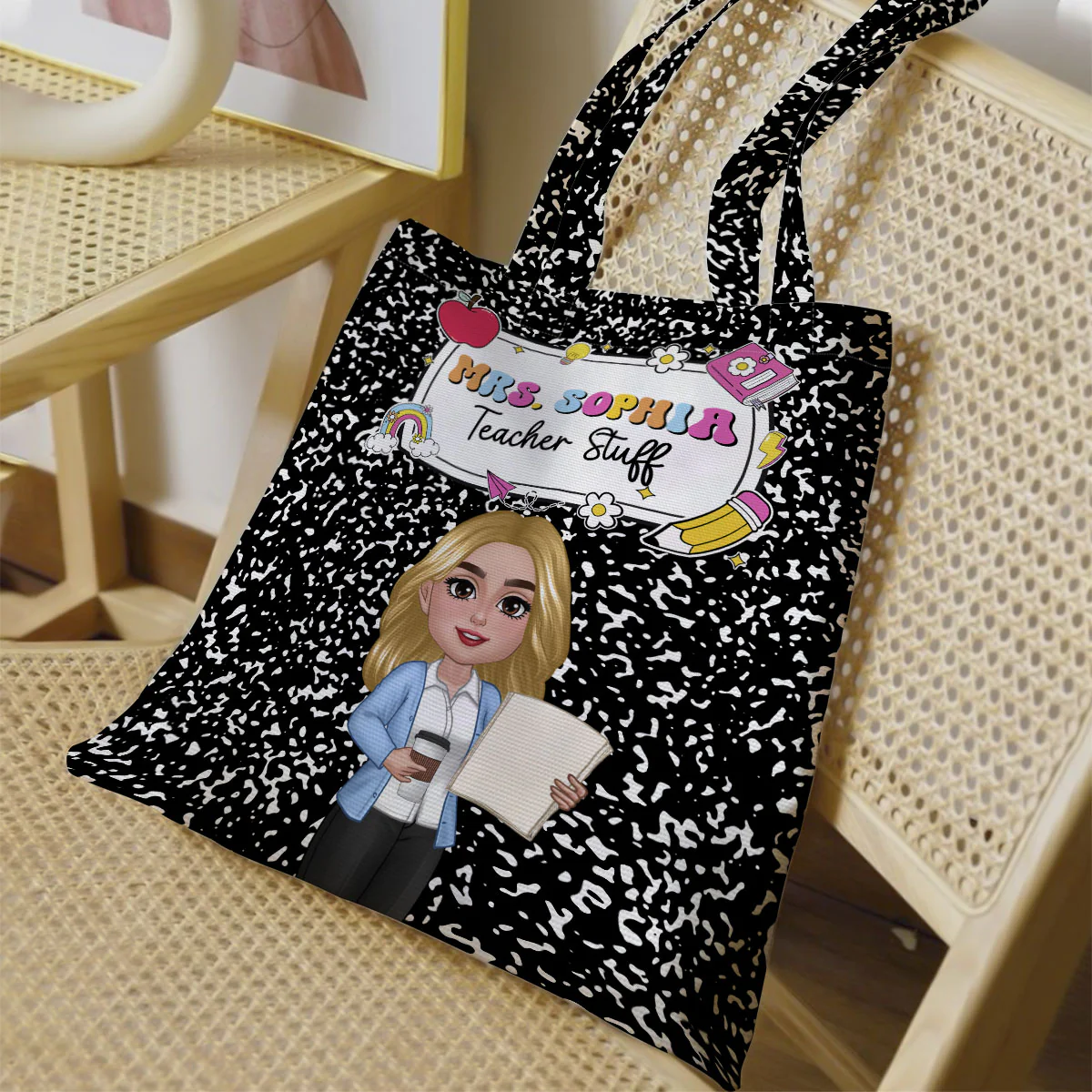 Teacher Composition Book Pattern Personalized Tote Bag, Back To School Gift For Teacher - Image 3