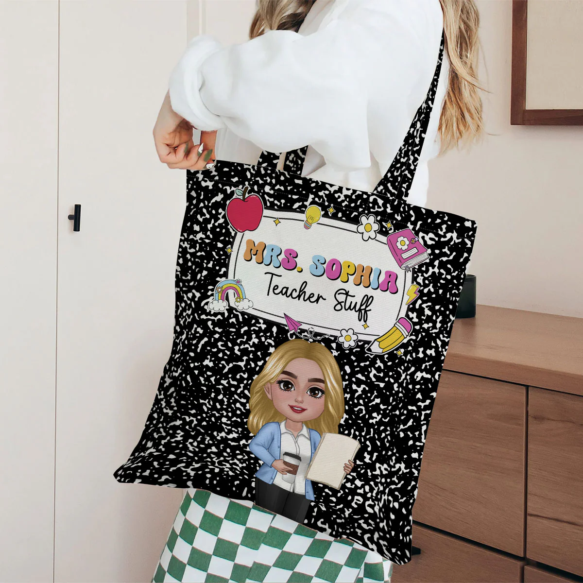 Teacher Composition Book Pattern Personalized Tote Bag, Back To School Gift For Teacher - Image 4