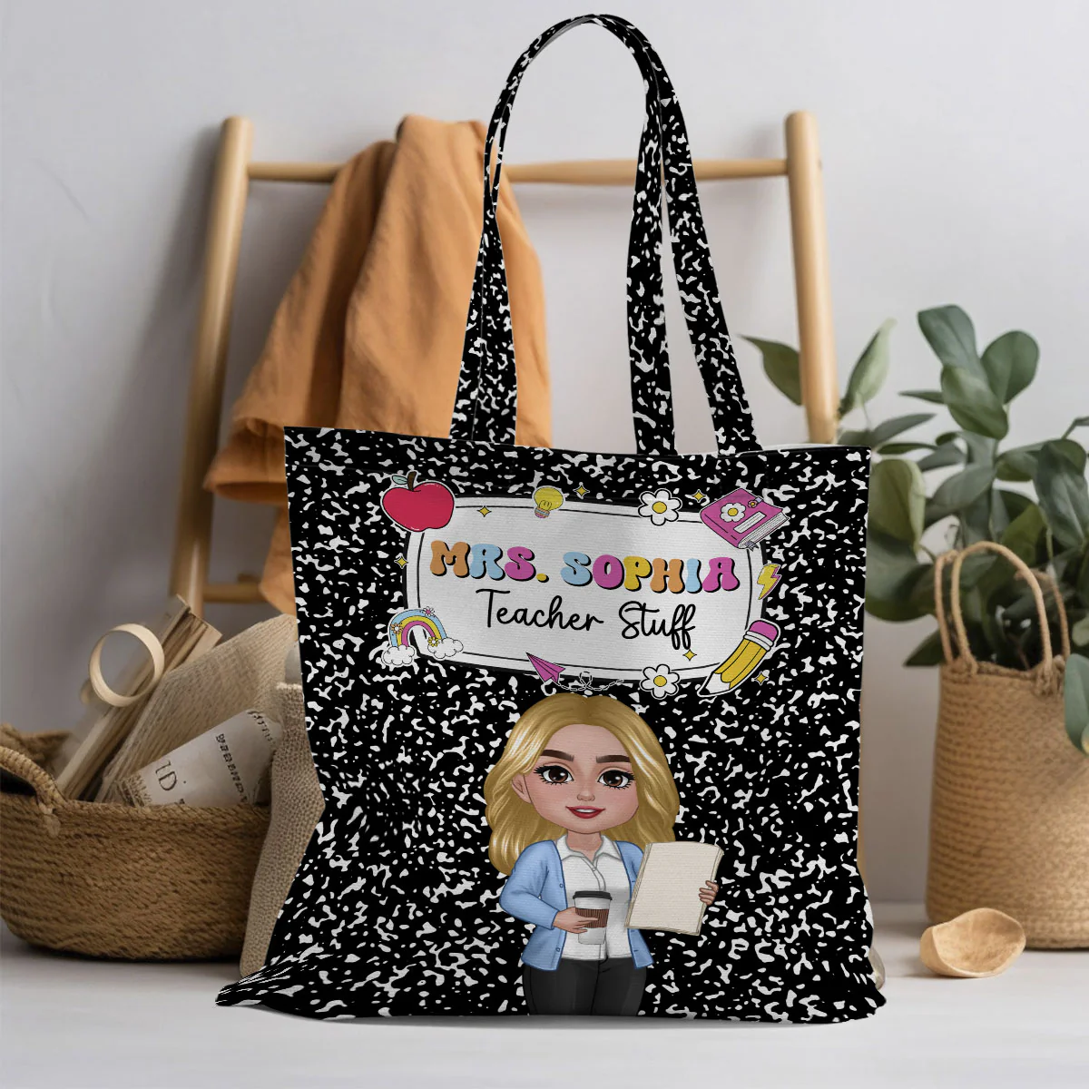 Teacher Composition Book Pattern Personalized Tote Bag, Back To School Gift For Teacher - Image 5