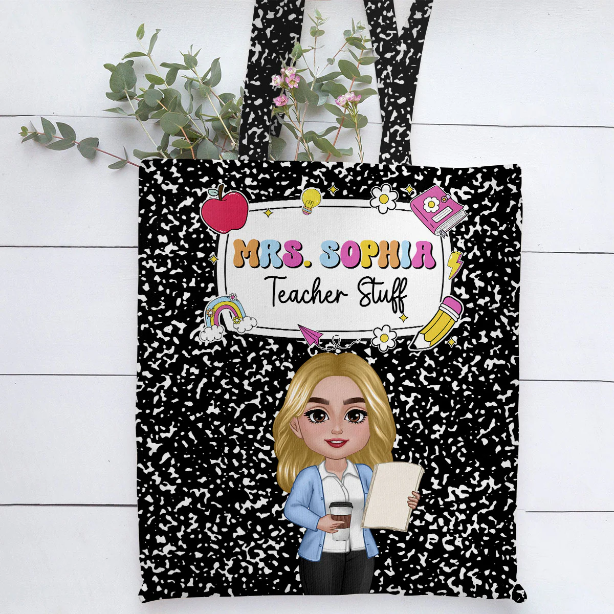 Teacher Composition Book Pattern Personalized Tote Bag, Back To School Gift For Teacher - Image 9