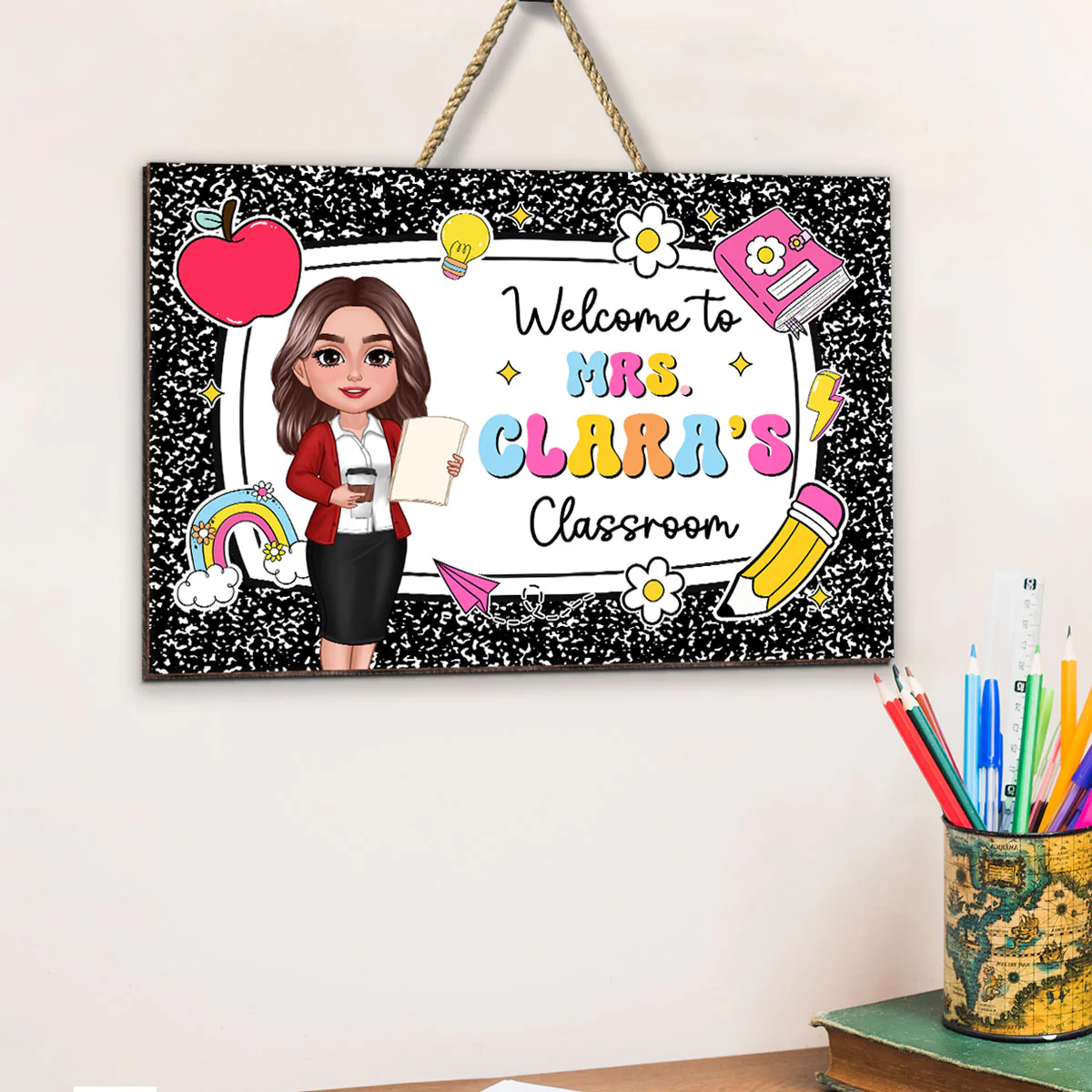 Teacher Composition Book Pattern Personalized Wood Sign, Back To School Gift - Image 2