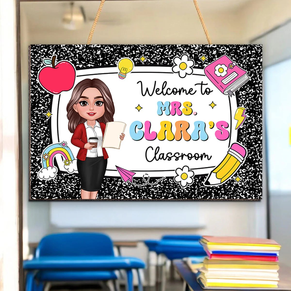 Teacher Composition Book Pattern Personalized Wood Sign, Back To School Gift - Image 3