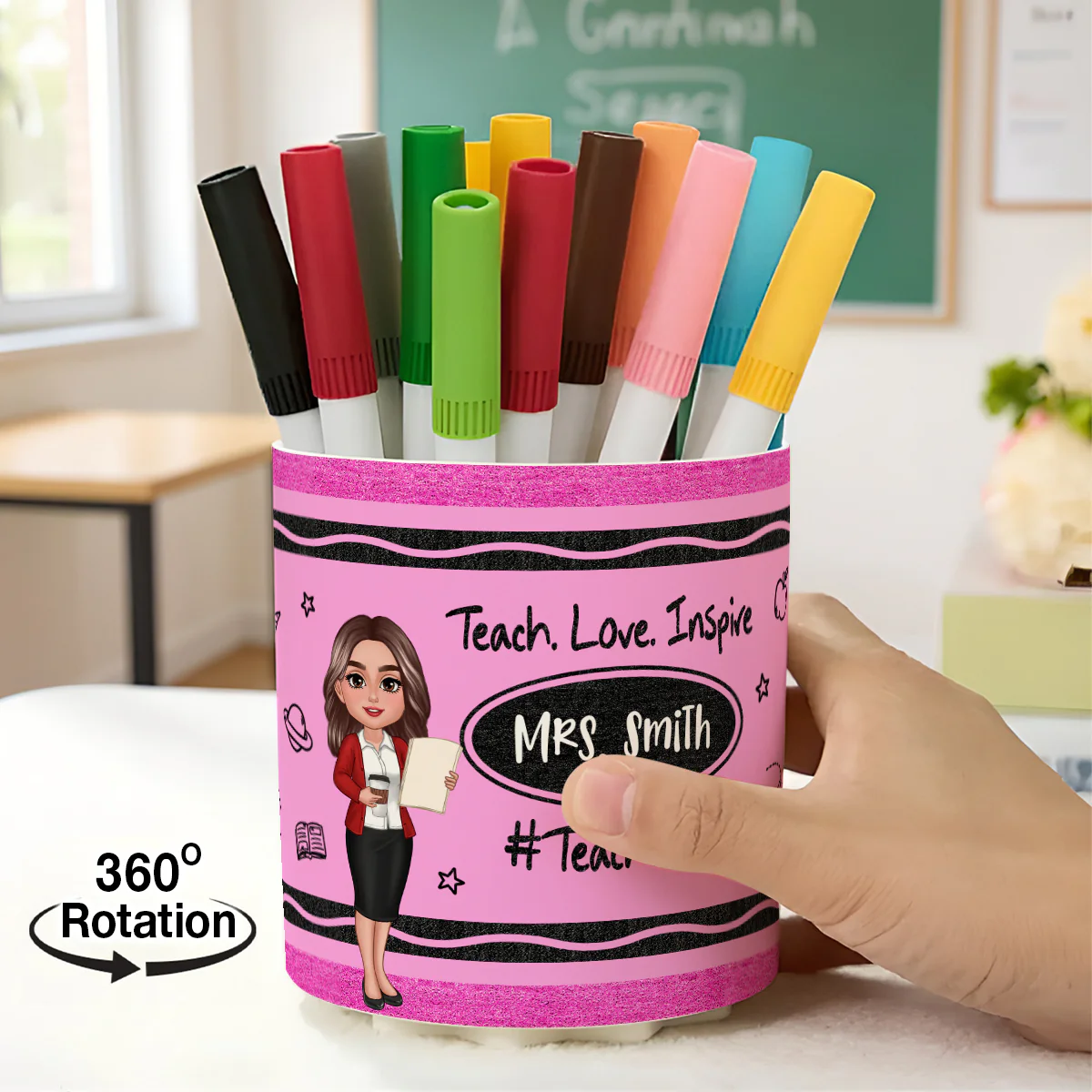 Teacher Crayon Pattern Personalized Rotating Pen Holder, Teacher Appreciation Gift, Back To School Gift - Image 2