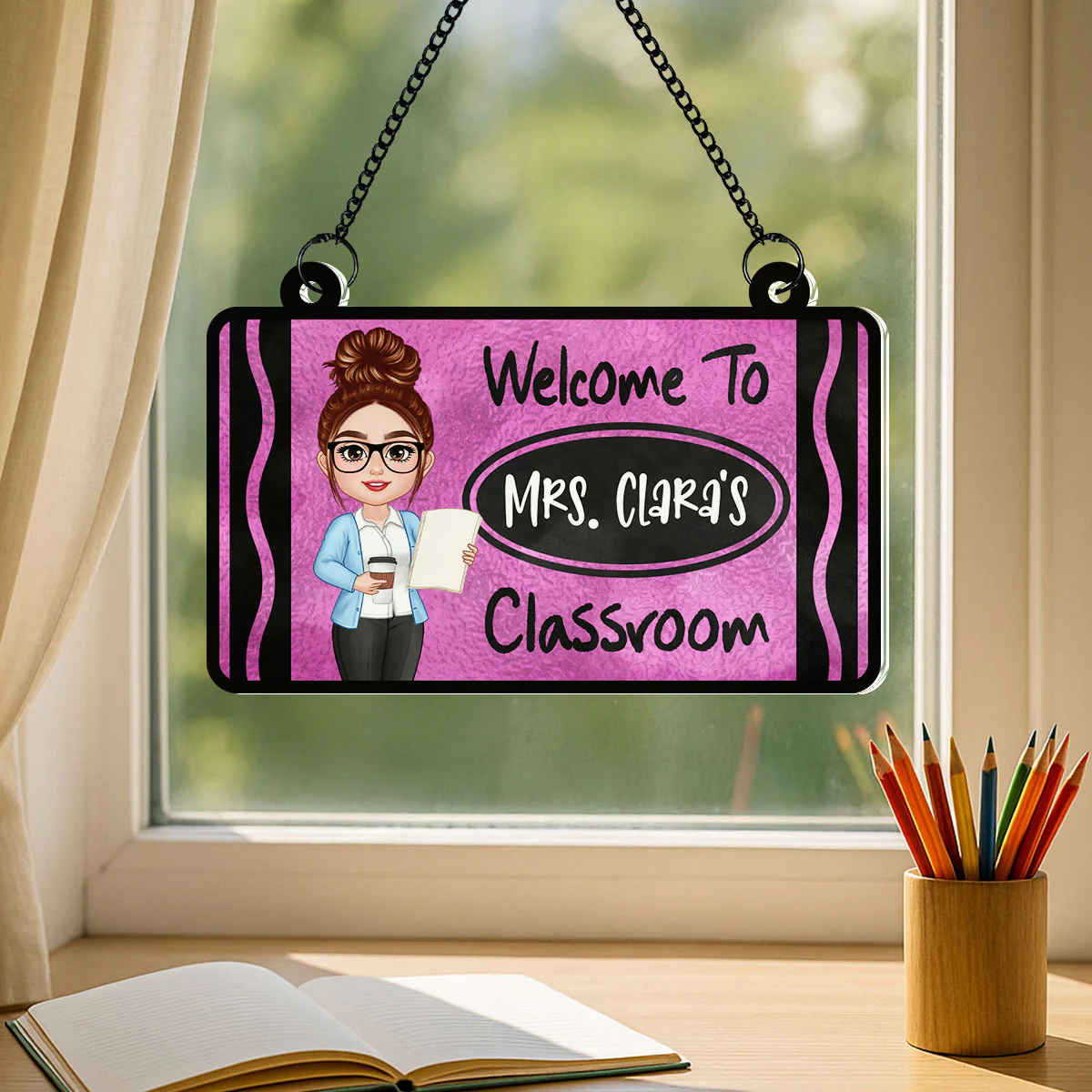 Teacher Crayon Welcome To Classroom Personalized Suncatcher| Back To School, Classroom Decoration - Image 4