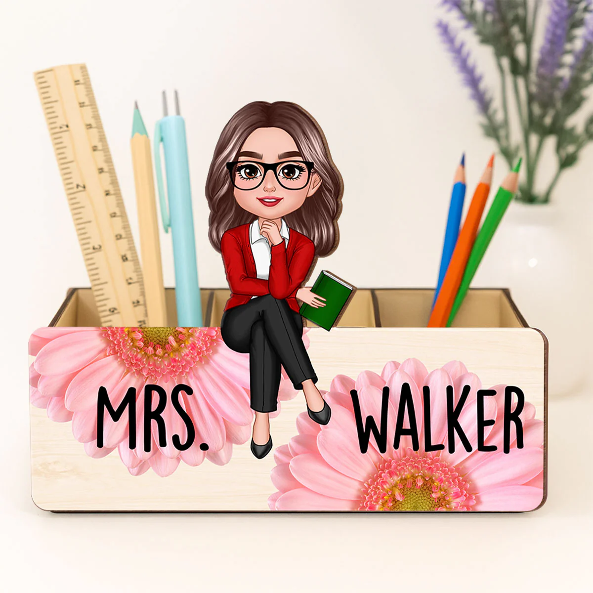 Teacher Daisy Flower Personalized Pencil Holder, 2-Layer Wooden Plaque, Back To School Gift, Classroom Decor
