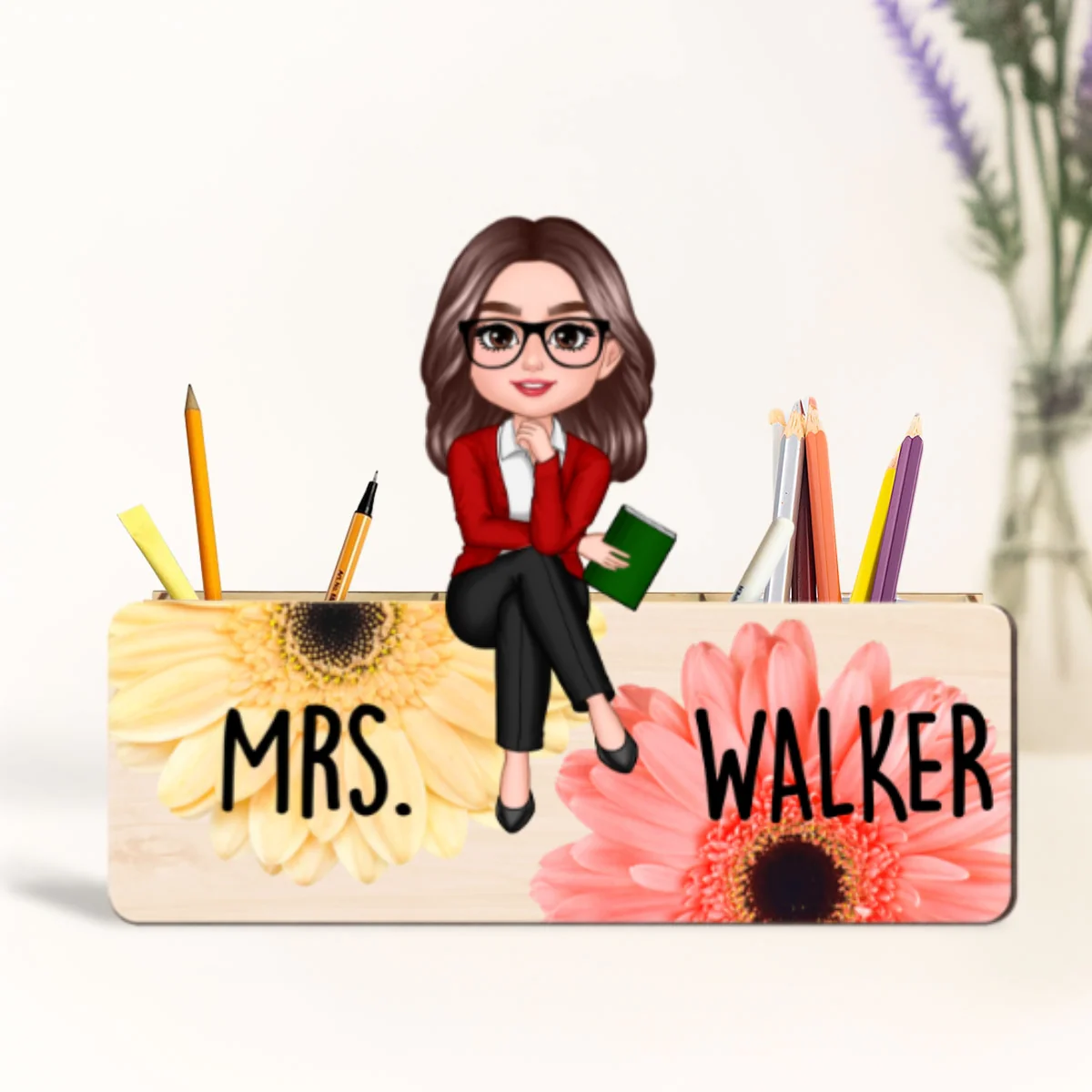 Teacher Daisy Flower Personalized Pencil Holder, 2-Layer Wooden Plaque, Back To School Gift, Classroom Decor - Image 10