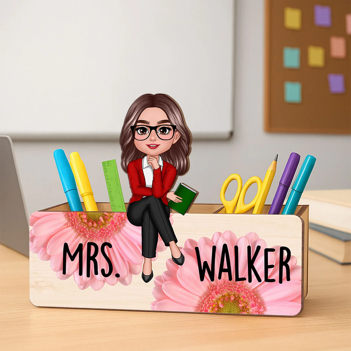 Teacher Daisy Flower Personalized Pencil Holder, 2-Layer Wooden Plaque, Back To School Gift, Classroom Decor - Image 2