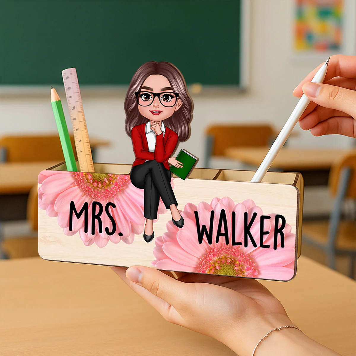 Teacher Daisy Flower Personalized Pencil Holder, 2-Layer Wooden Plaque, Back To School Gift, Classroom Decor - Image 4