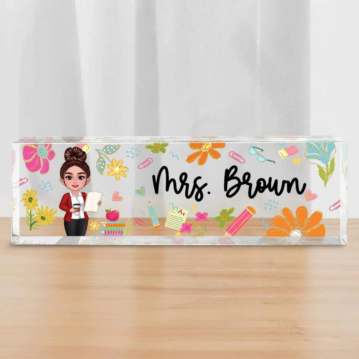 Teacher Floral Pattern Personalized Acrylic Desk Name Plate, Back To School Gift For Teacher - Image 2