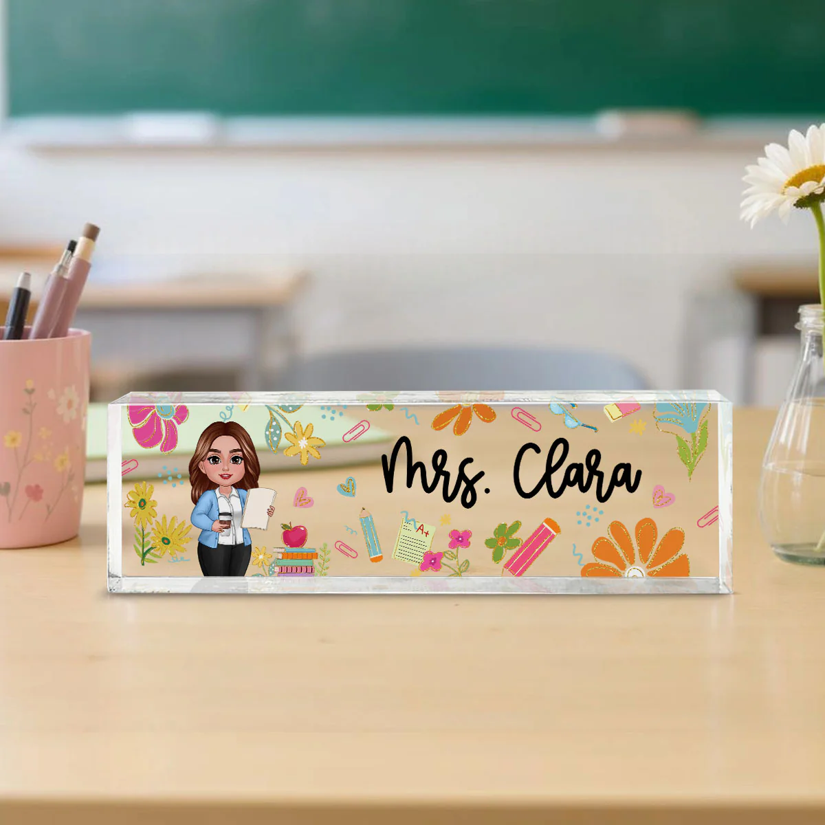 Teacher Floral Pattern Personalized Acrylic Desk Name Plate, Back To School Gift For Teacher - Image 3