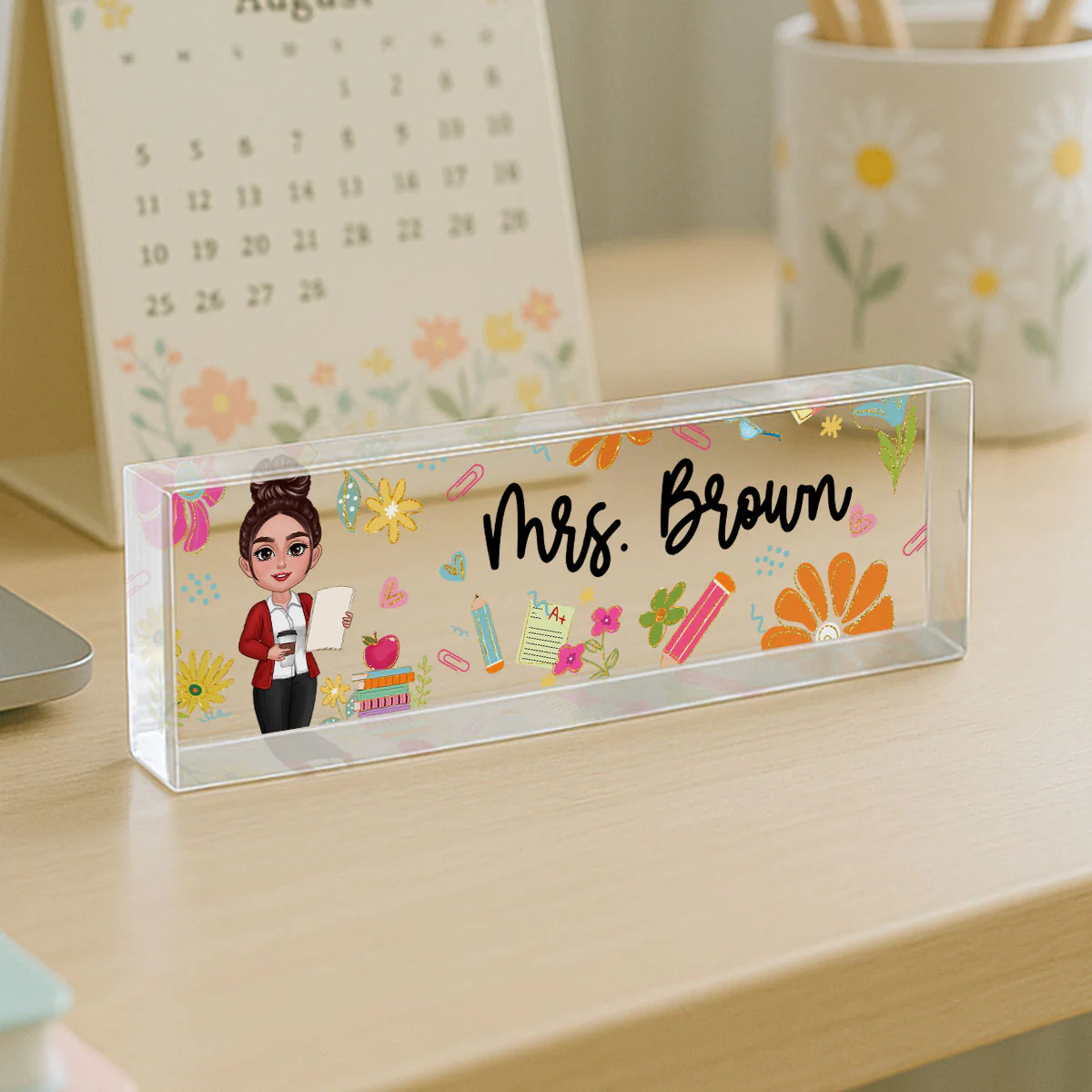 Teacher Floral Pattern Personalized Acrylic Desk Name Plate, Back To School Gift For Teacher - Image 5