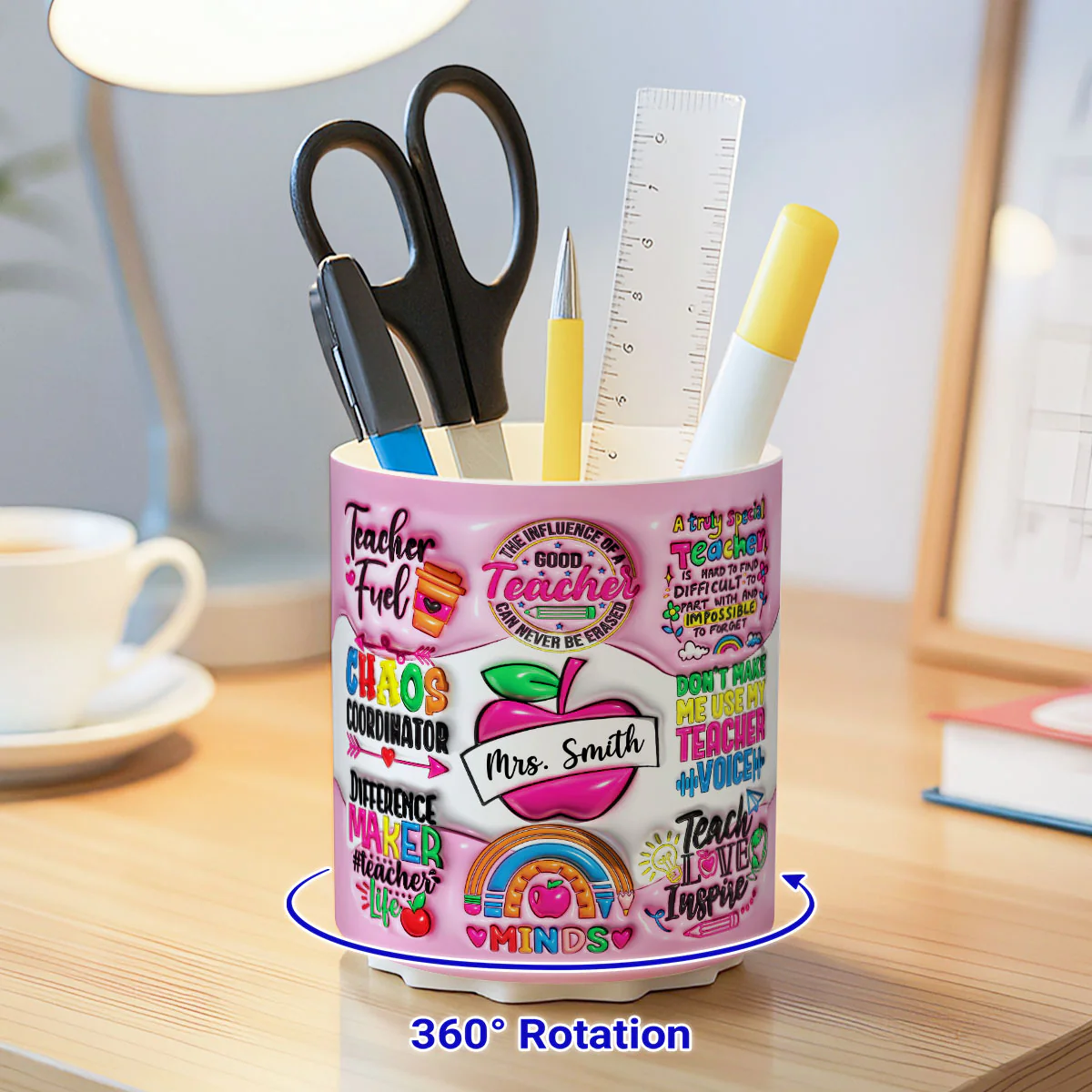 Teacher Fuel Chaos Ordinator 3D Inflated Effect Personalized Rotating Pen Holder, Teacher Appreciation Gift, Back To School Gift