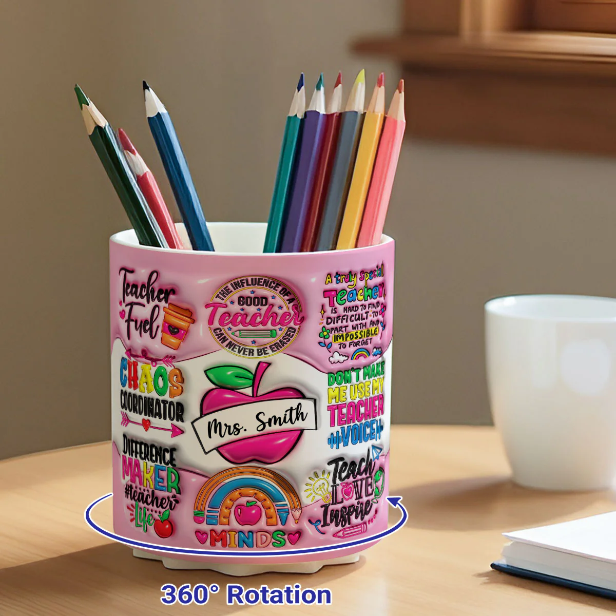 Teacher Fuel Chaos Ordinator 3D Inflated Effect Personalized Rotating Pen Holder, Teacher Appreciation Gift, Back To School Gift - Image 6