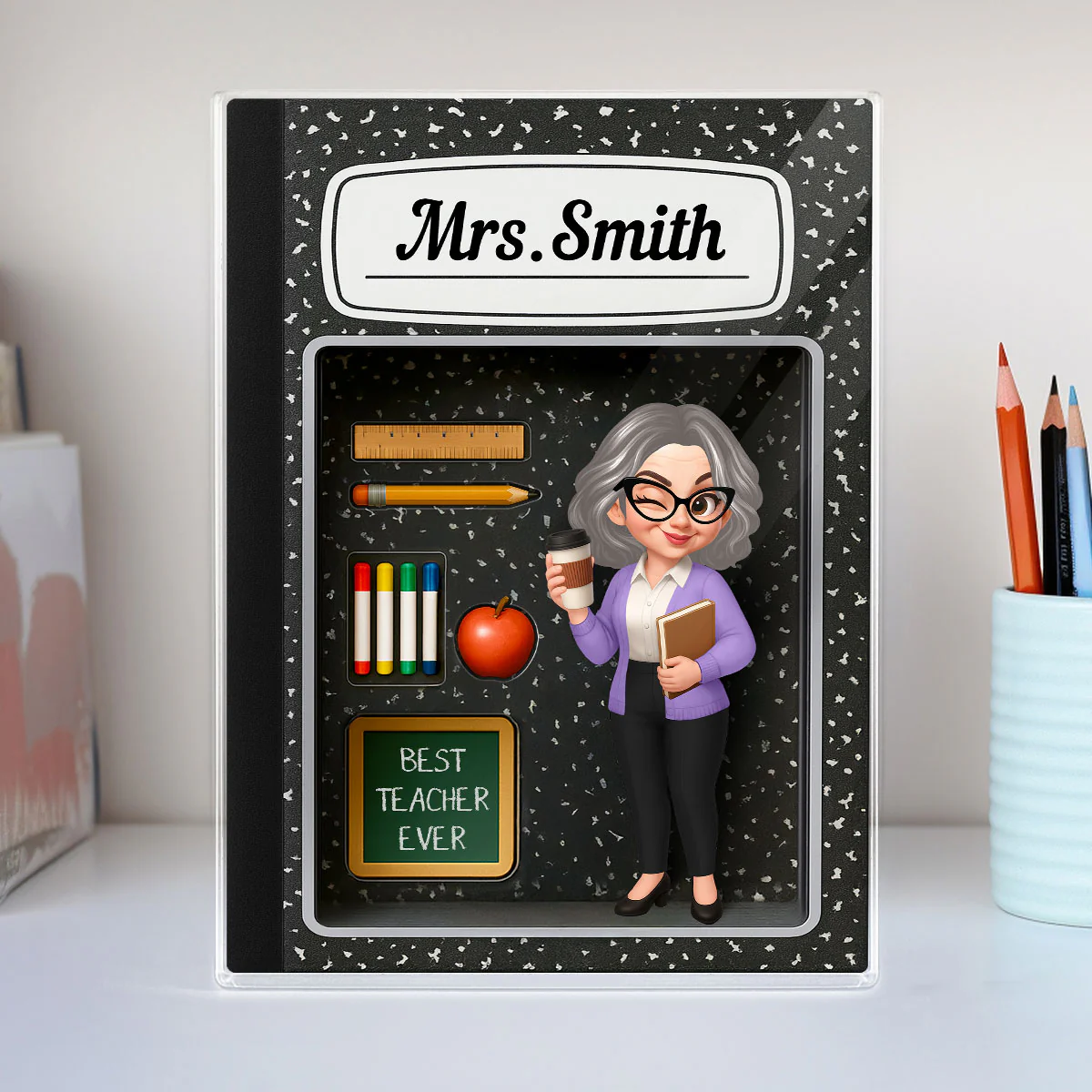 Teacher Inside Composition Book Pattern Box 3D Effect Personalized Acrylic Block, Back To School Gift - Image 2