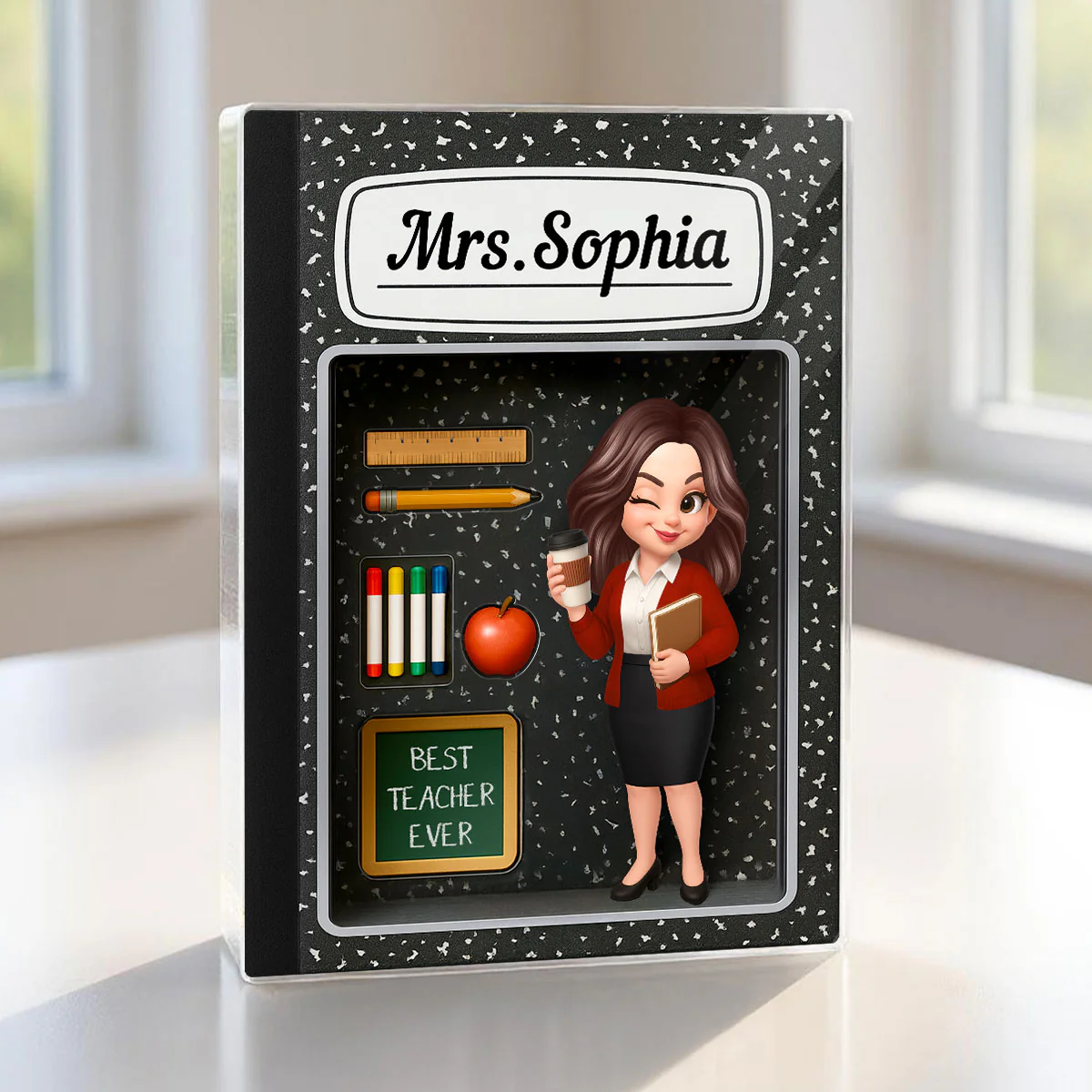 Teacher Inside Composition Book Pattern Box 3D Effect Personalized Acrylic Block, Back To School Gift - Image 3