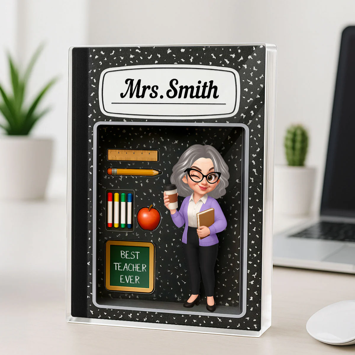 Teacher Inside Composition Book Pattern Box 3D Effect Personalized Acrylic Block, Back To School Gift - Image 6