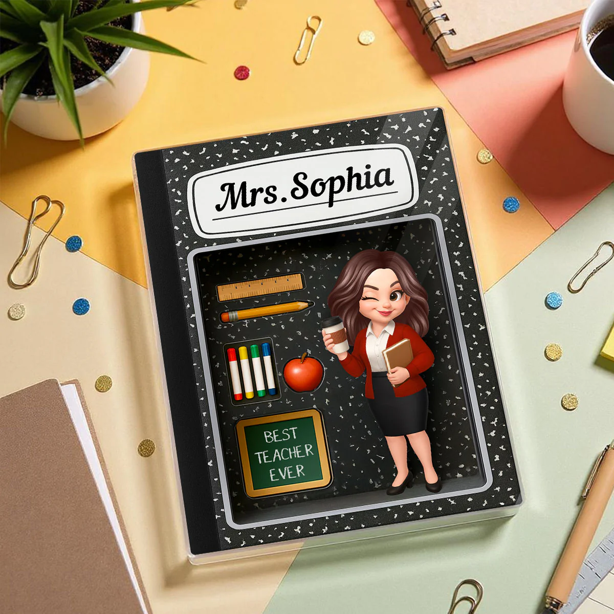 Teacher Inside Composition Book Pattern Box 3D Effect Personalized Acrylic Block, Back To School Gift - Image 7