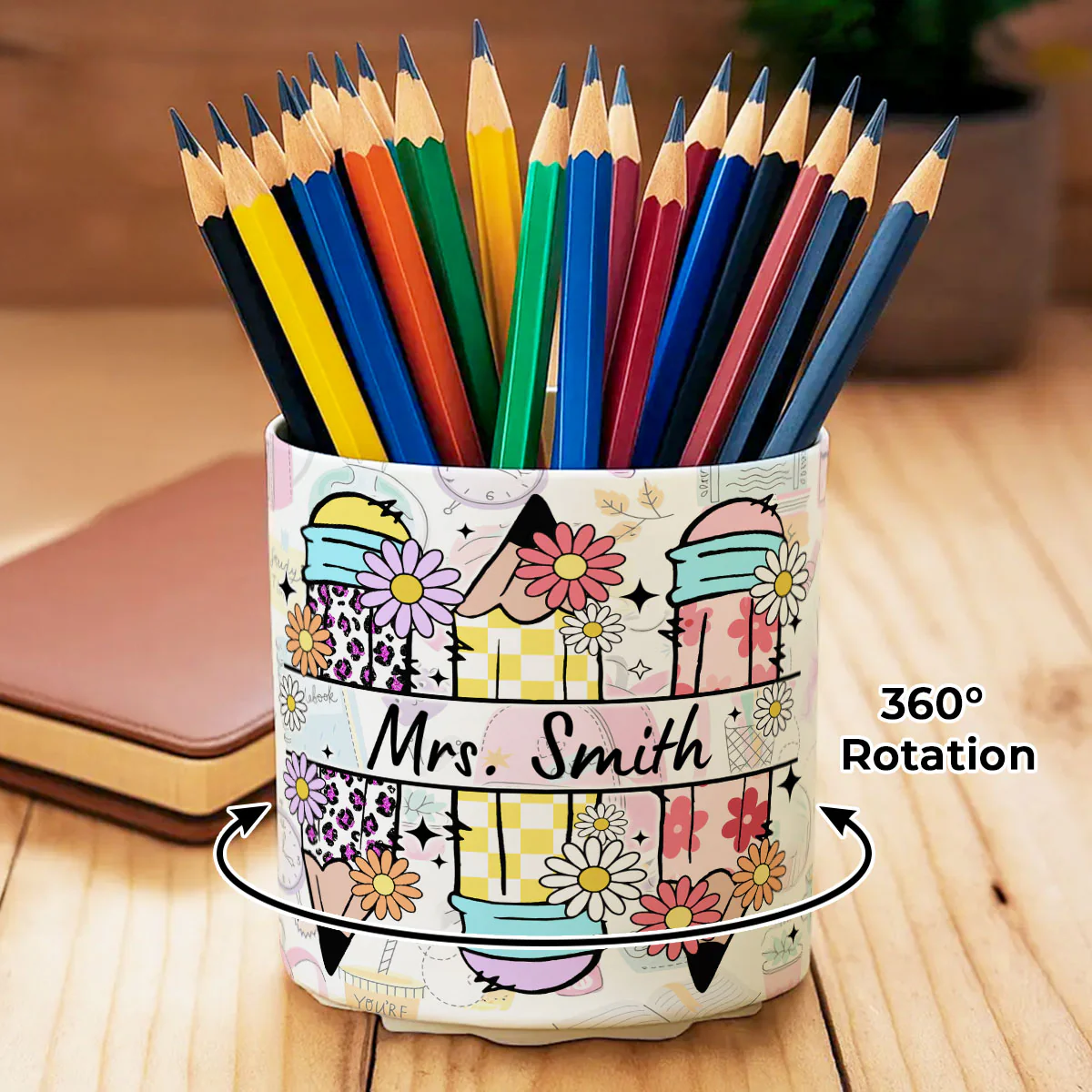 Teacher Life Doodle Pattern Personalized Rotating Pen Holder, Teacher Appreciation Gift, Back To School Gift - Image 2