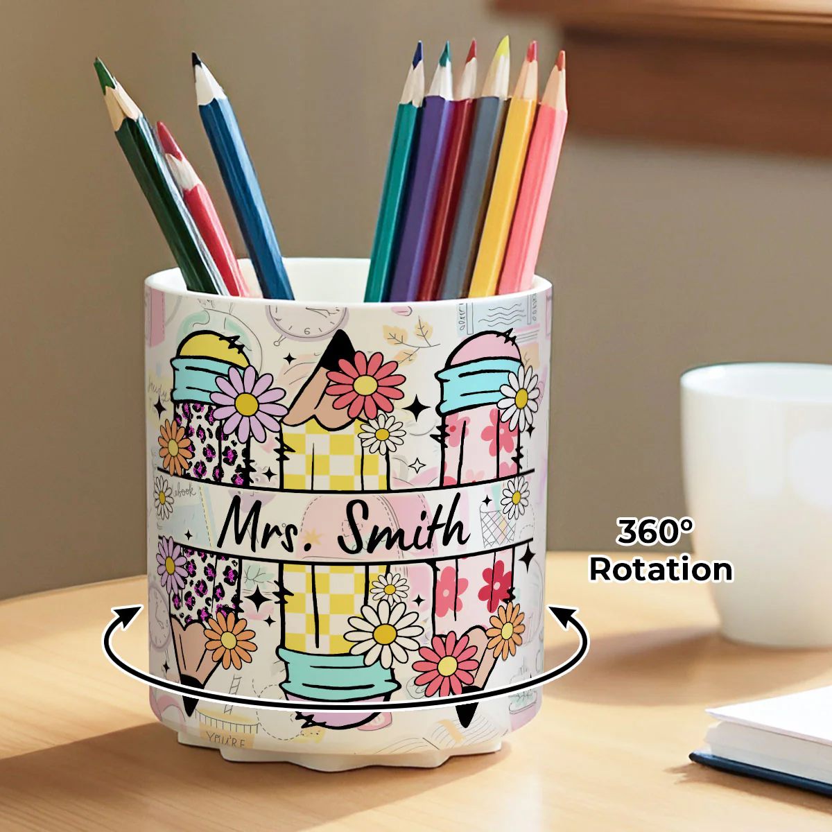 Teacher Life Doodle Pattern Personalized Rotating Pen Holder, Teacher Appreciation Gift, Back To School Gift - Image 3