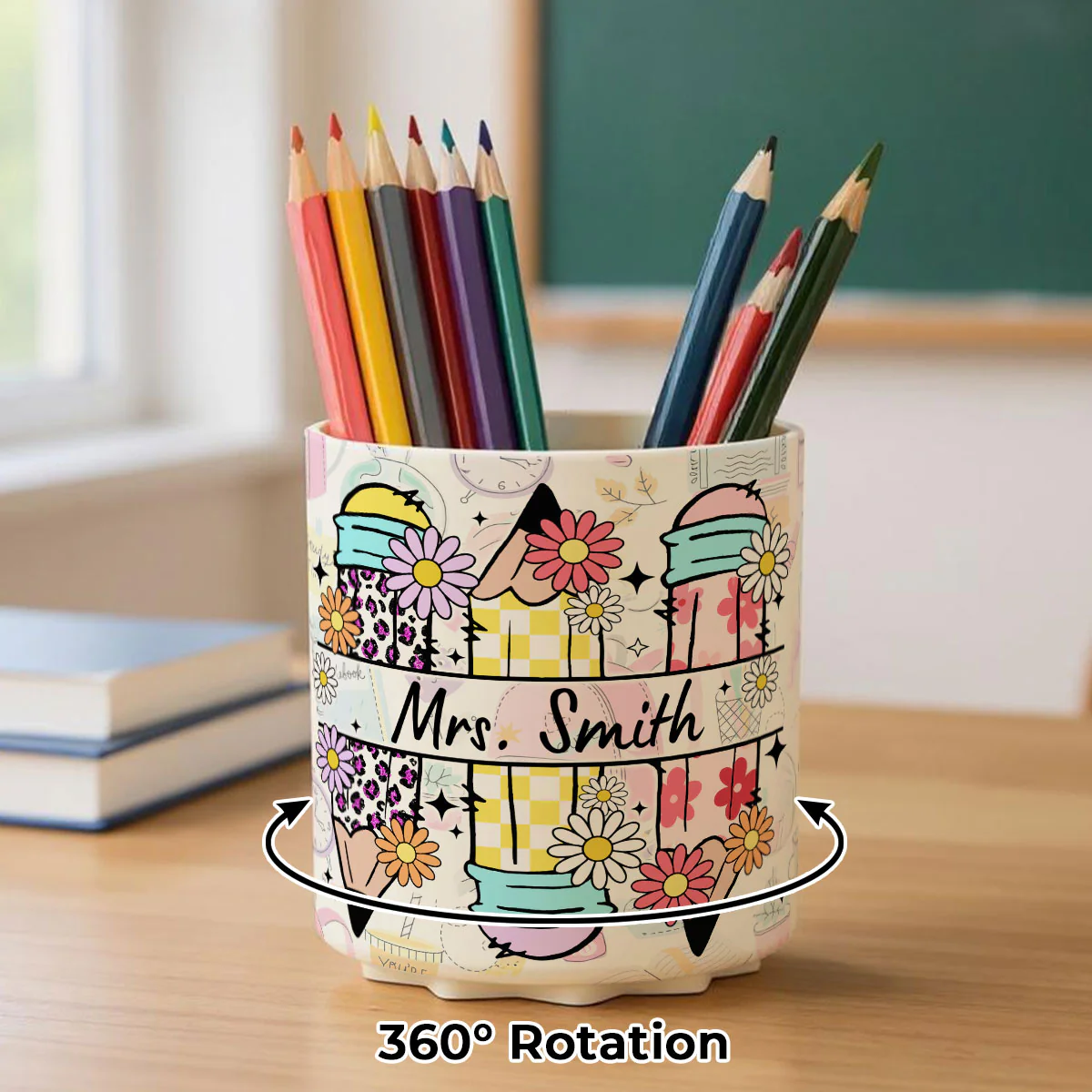 Teacher Life Doodle Pattern Personalized Rotating Pen Holder, Teacher Appreciation Gift, Back To School Gift - Image 4