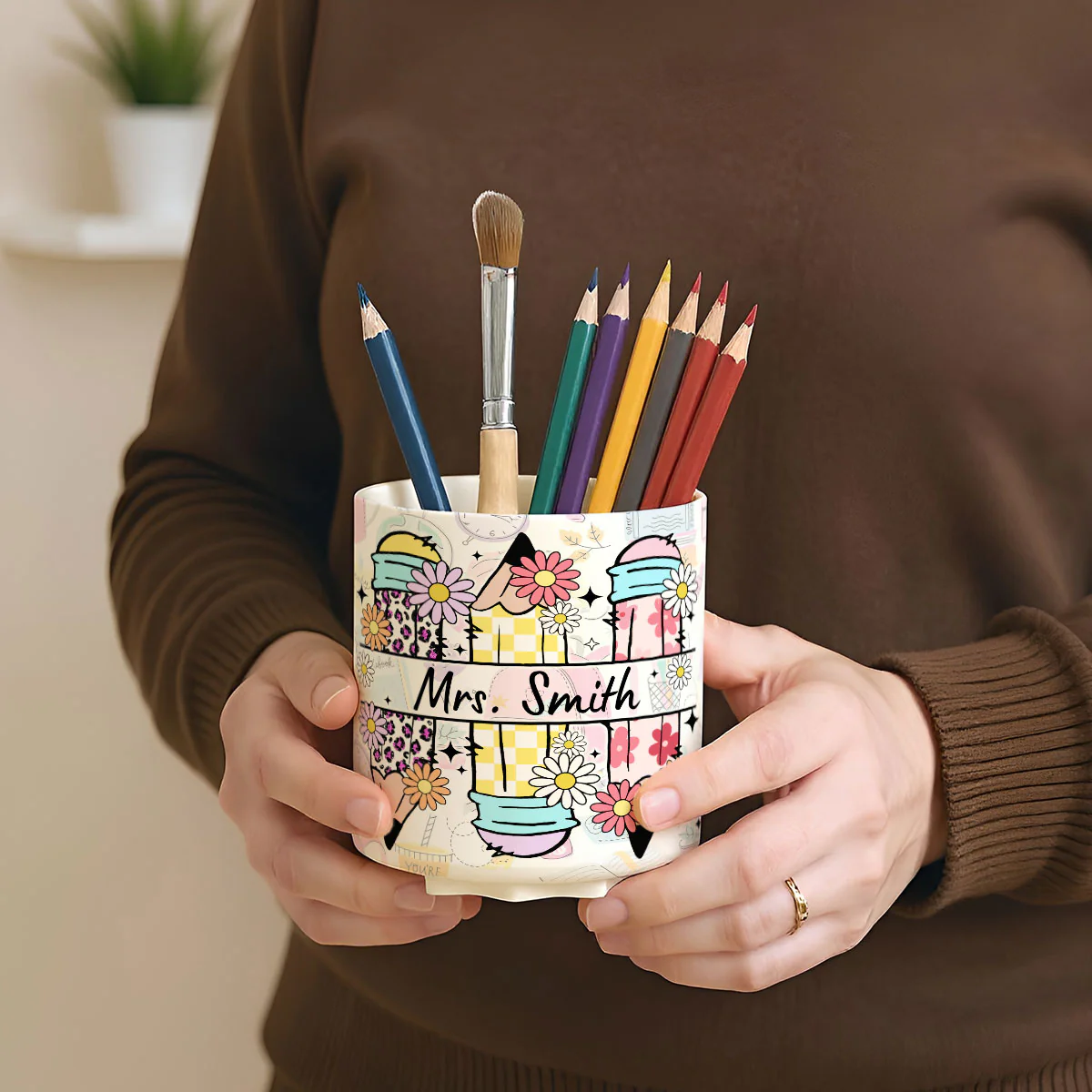Teacher Life Doodle Pattern Personalized Rotating Pen Holder, Teacher Appreciation Gift, Back To School Gift - Image 5