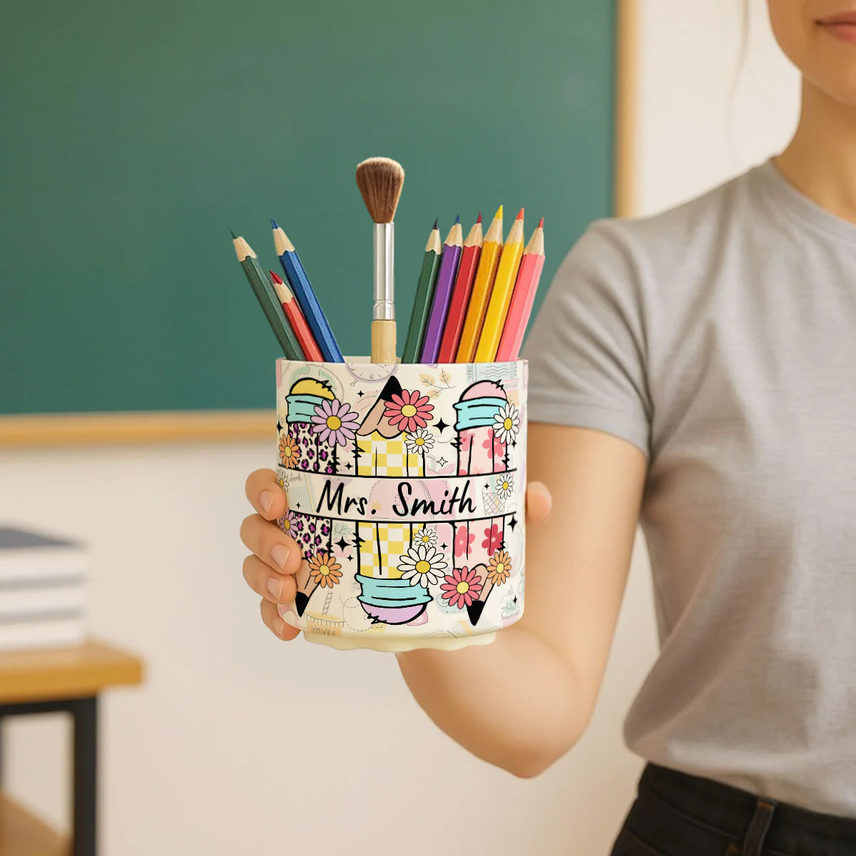 Teacher Life Doodle Pattern Personalized Rotating Pen Holder, Teacher Appreciation Gift, Back To School Gift - Image 6