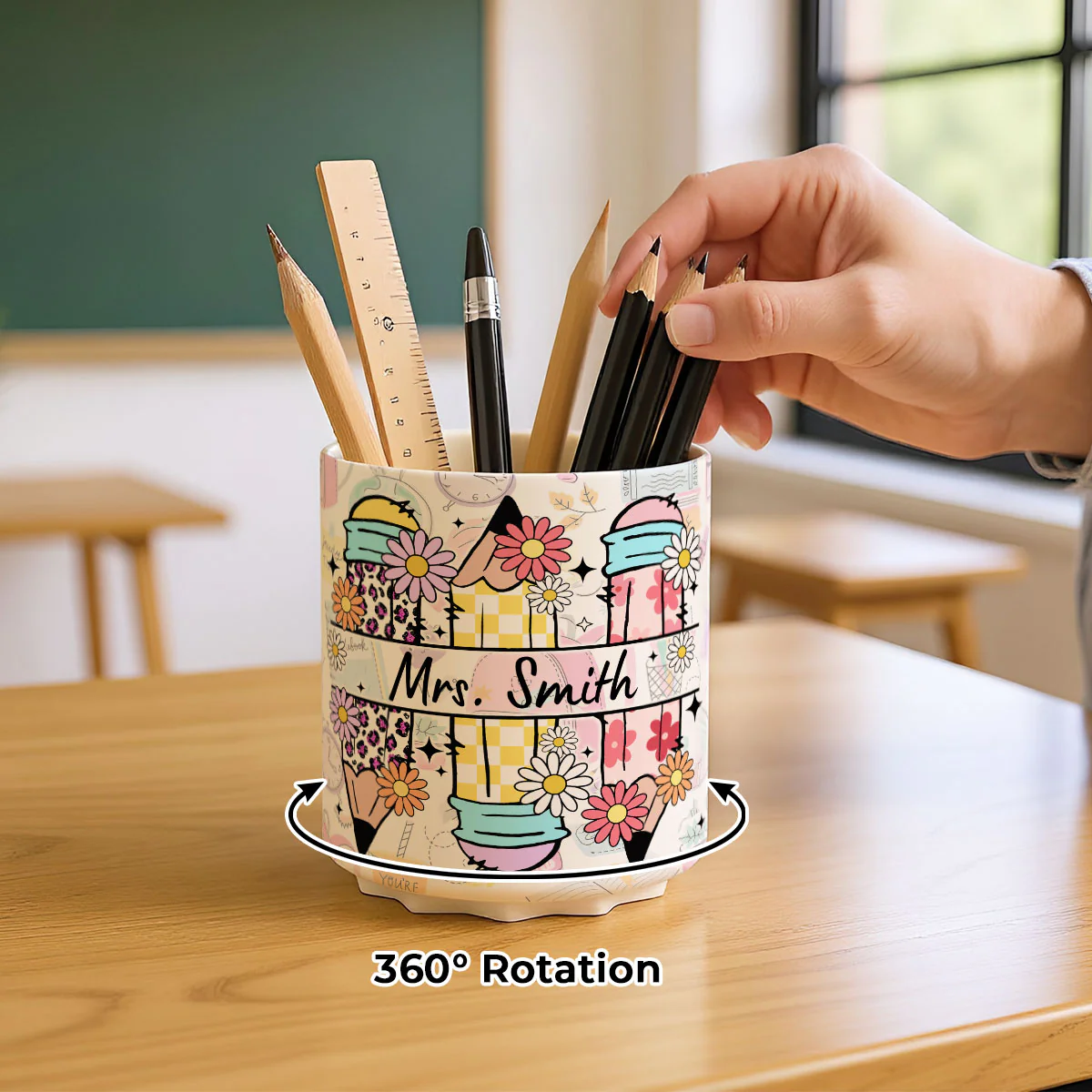 Teacher Life Doodle Pattern Personalized Rotating Pen Holder, Teacher Appreciation Gift, Back To School Gift - Image 7