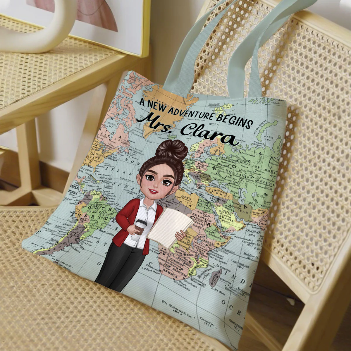 Teacher New Adventure World Map Theme Personalized Tote Bag, Back To School Gift For Teacher - Image 3