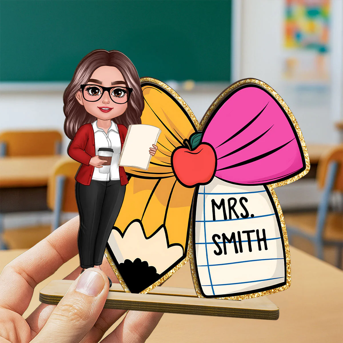 Teacher Pencil Coquette Bow Personalized Wooden Desk Name Plaque - Image 3
