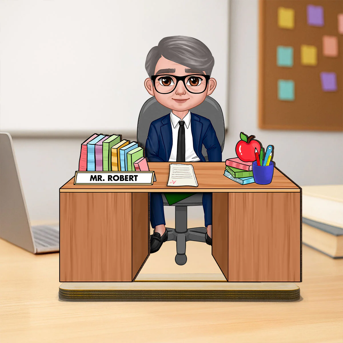 Teacher Sitting At Desk Personalized 2-Layer Standing Wooden Plaque, Back To School Gift - Image 2