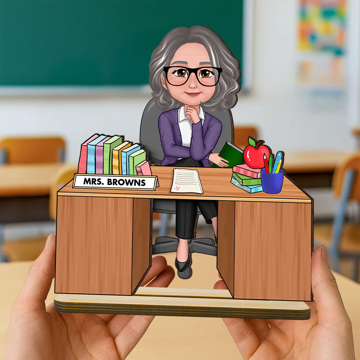 Teacher Sitting At Desk Personalized 2-Layer Standing Wooden Plaque, Back To School Gift - Image 3