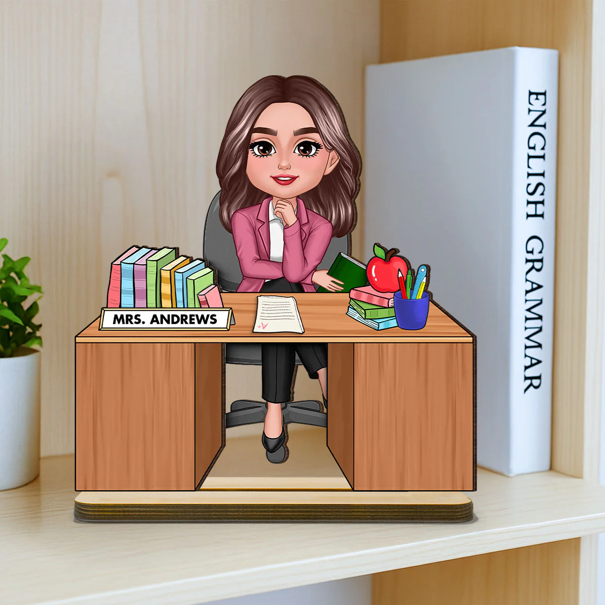 Teacher Sitting At Desk Personalized 2-Layer Standing Wooden Plaque, Back To School Gift - Image 4