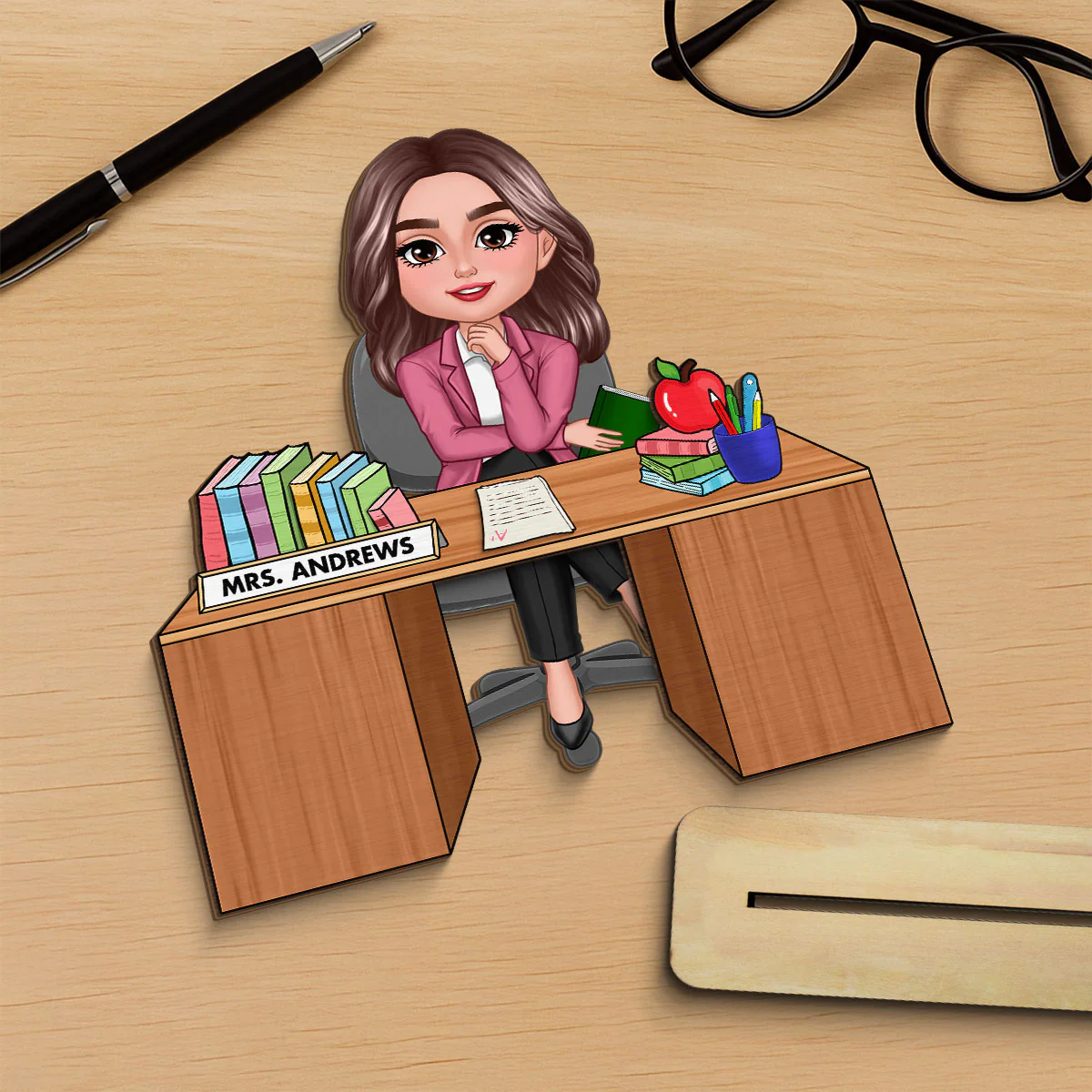 Teacher Sitting At Desk Personalized 2-Layer Standing Wooden Plaque, Back To School Gift - Image 5