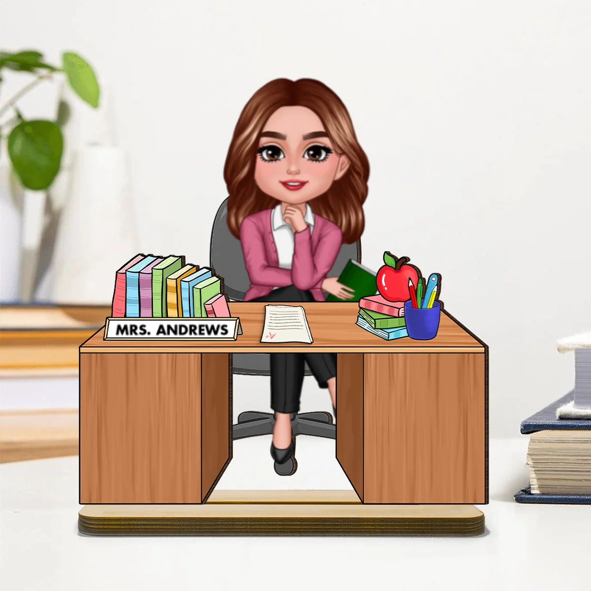 Teacher Sitting At Desk Personalized 2-Layer Standing Wooden Plaque, Back To School Gift - Image 8