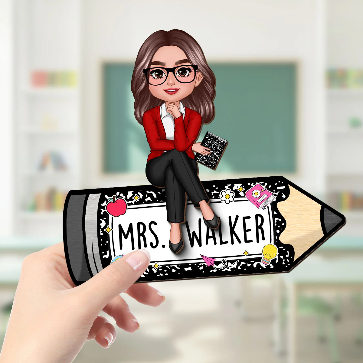 Teacher Sitting on Pencil Composition Book Pattern Personalized 2-Layered Wooden Plaque, Desk Decor for Classroom, Teacher Gift - Image 3