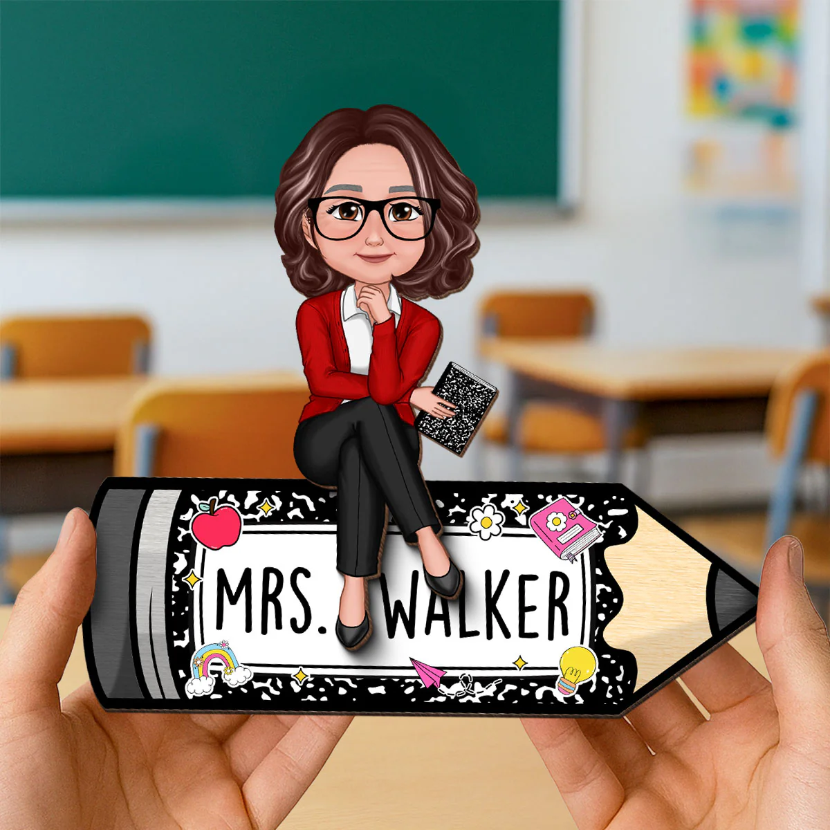 Teacher Sitting on Pencil Composition Book Pattern Personalized 2-Layered Wooden Plaque, Desk Decor for Classroom, Teacher Gift - Image 5