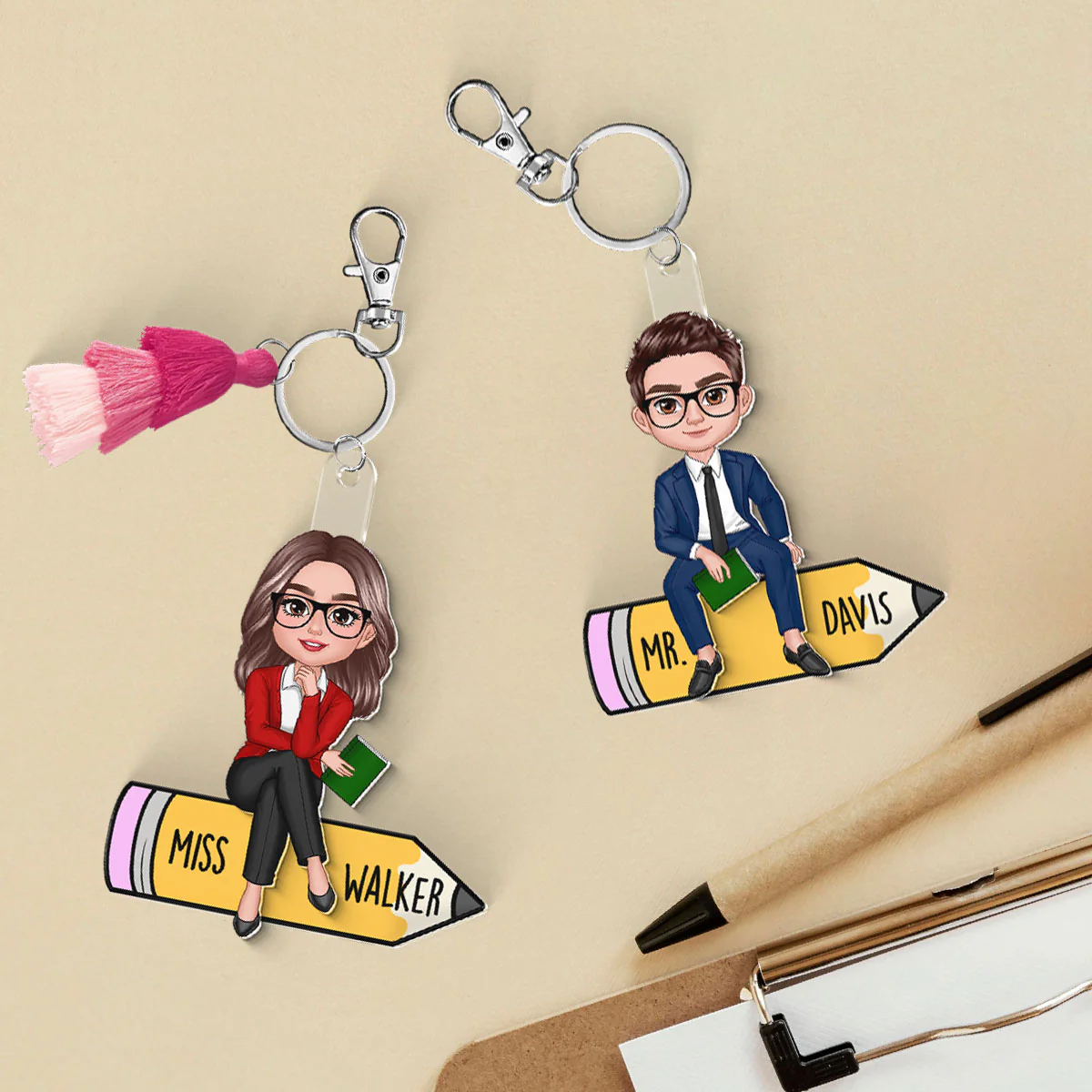 Teacher Sitting On Pencil Personalized 2-Layer Acrylic Keychain - Image 2