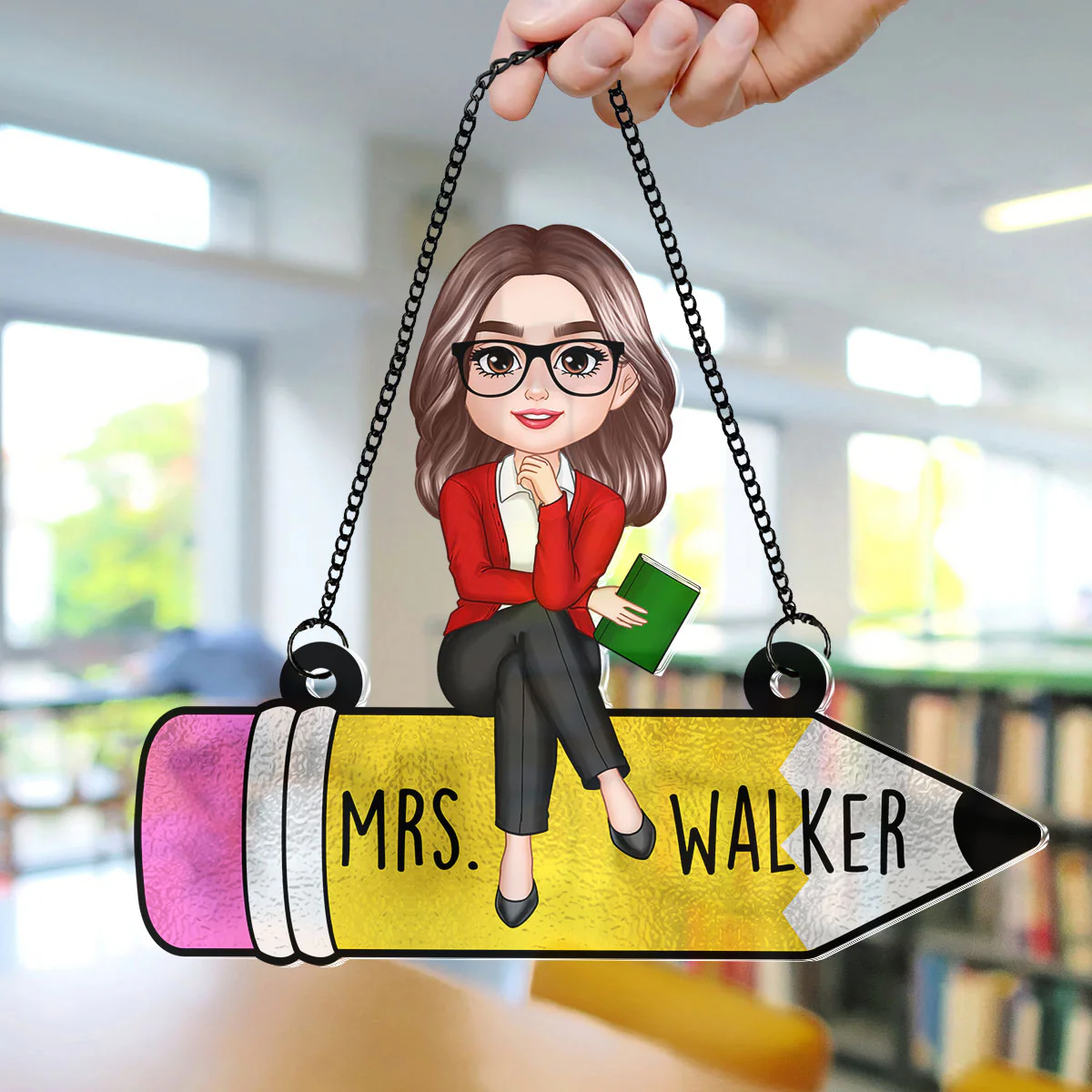 Teacher Sitting On Pencil Personalized Suncatcher, Teacher Appreciation Gift, Back To School Gift - Image 2