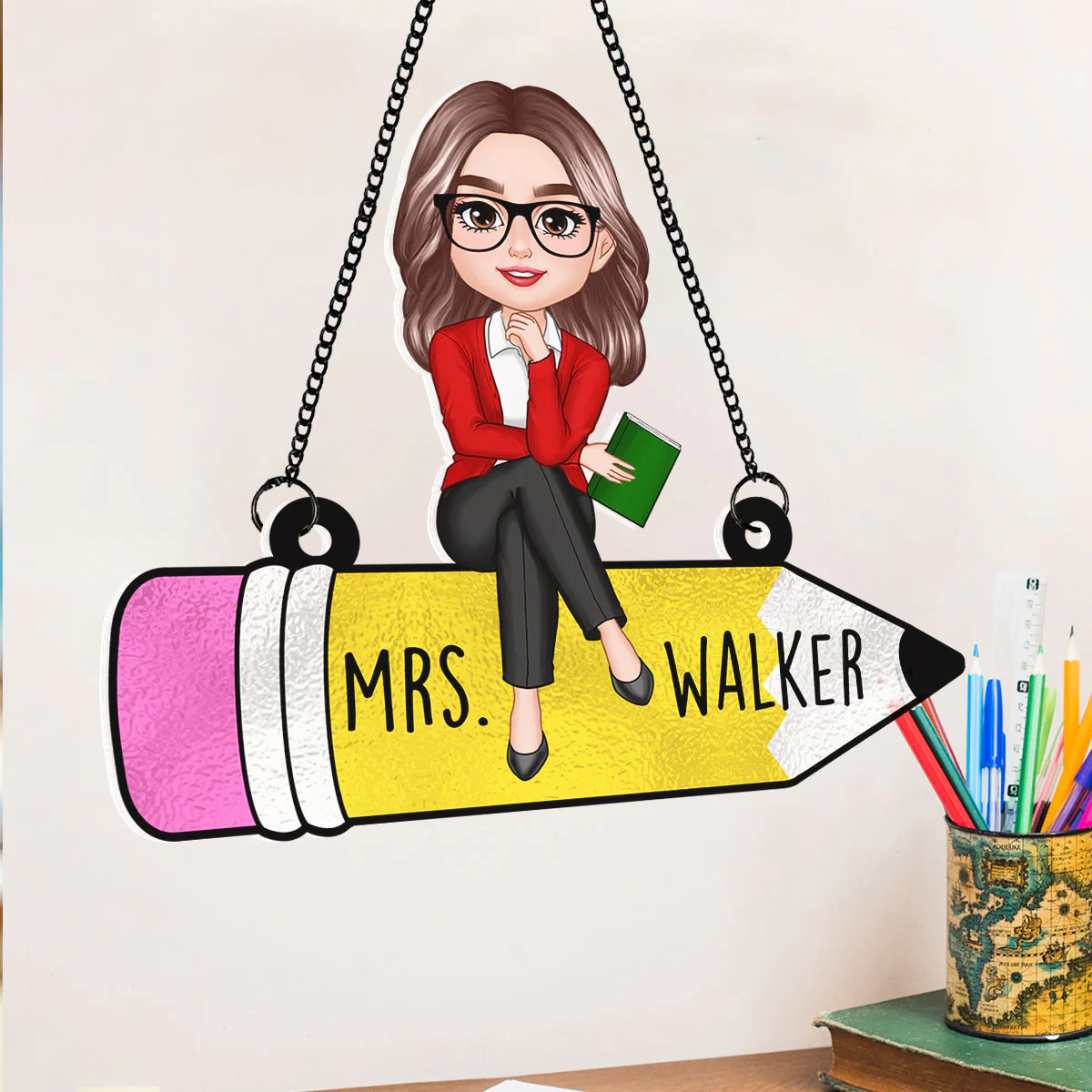 Teacher Sitting On Pencil Personalized Suncatcher, Teacher Appreciation Gift, Back To School Gift - Image 3