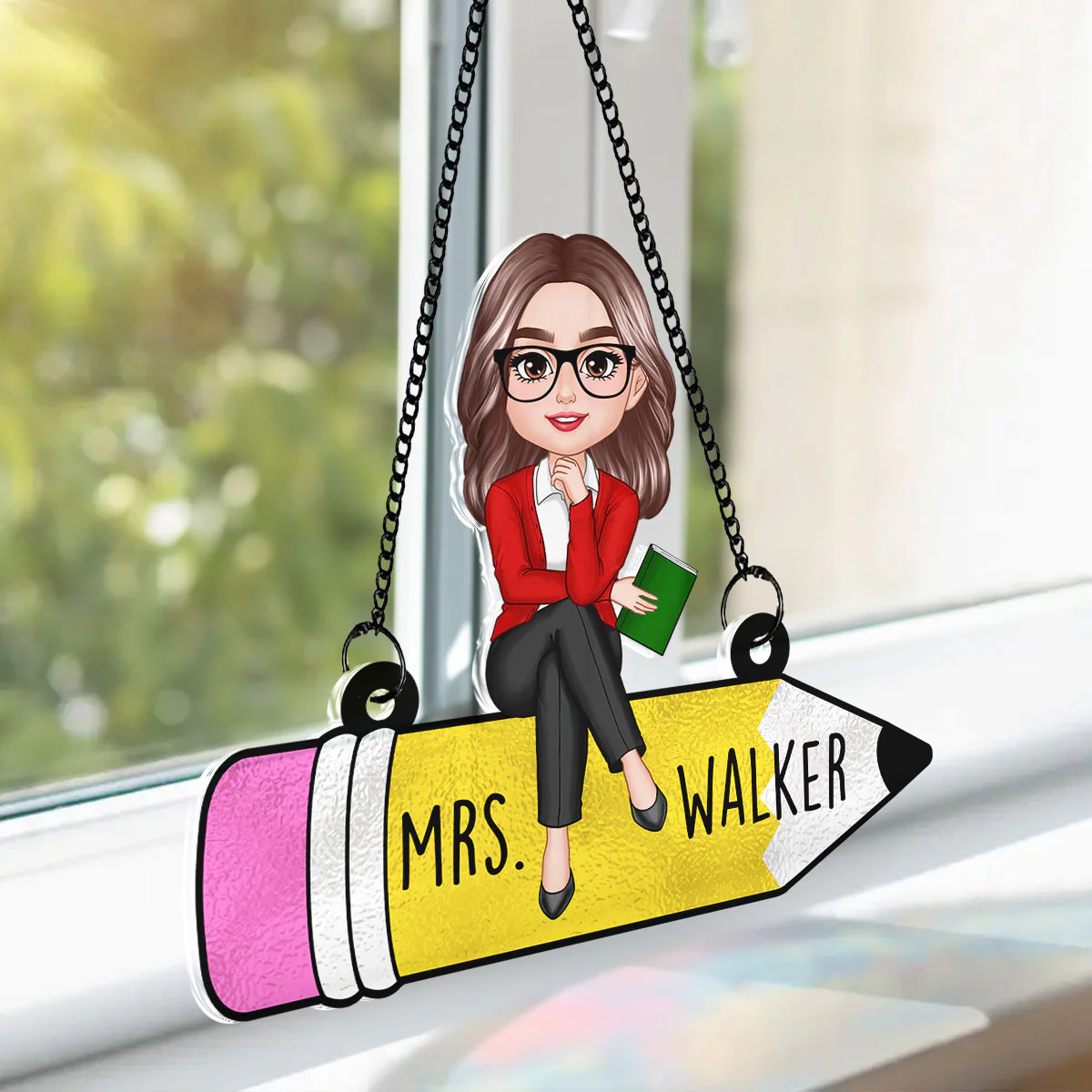 Teacher Sitting On Pencil Personalized Suncatcher, Teacher Appreciation Gift, Back To School Gift - Image 4