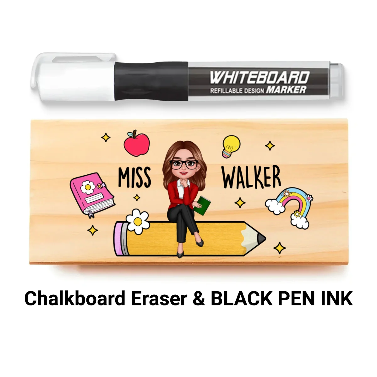 Teacher Sitting on Pencil Personalized Teacher Whiteboard Eraser, Custom Teacher Appreciation Gifts, Chalkboard Eraser with Marker - Image 10