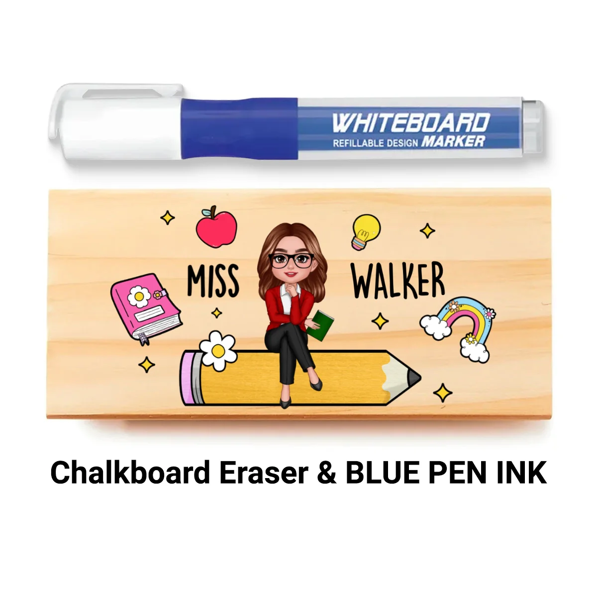 Teacher Sitting on Pencil Personalized Teacher Whiteboard Eraser, Custom Teacher Appreciation Gifts, Chalkboard Eraser with Marker - Image 11