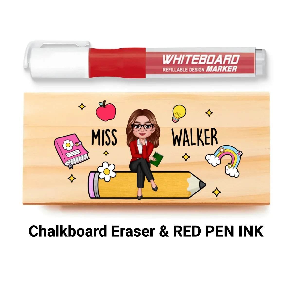 Teacher Sitting on Pencil Personalized Teacher Whiteboard Eraser, Custom Teacher Appreciation Gifts, Chalkboard Eraser with Marker - Image 12