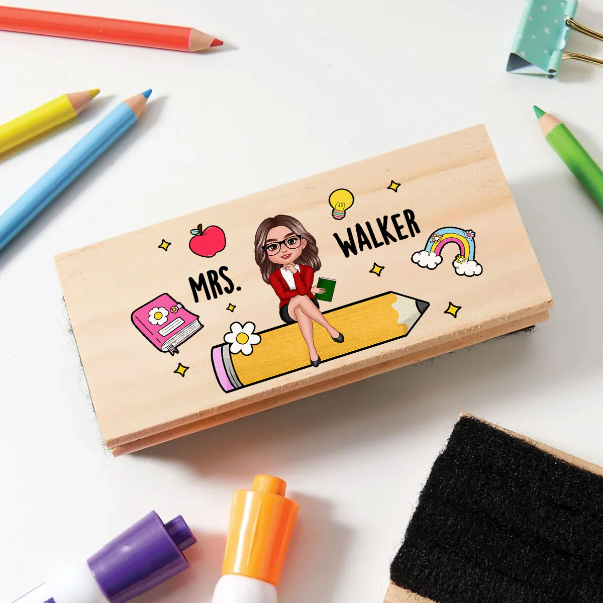 Teacher Sitting on Pencil Personalized Teacher Whiteboard Eraser, Custom Teacher Appreciation Gifts, Chalkboard Eraser with Marker - Image 3