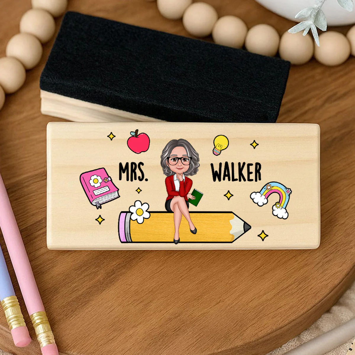Teacher Sitting on Pencil Personalized Teacher Whiteboard Eraser, Custom Teacher Appreciation Gifts, Chalkboard Eraser with Marker - Image 4