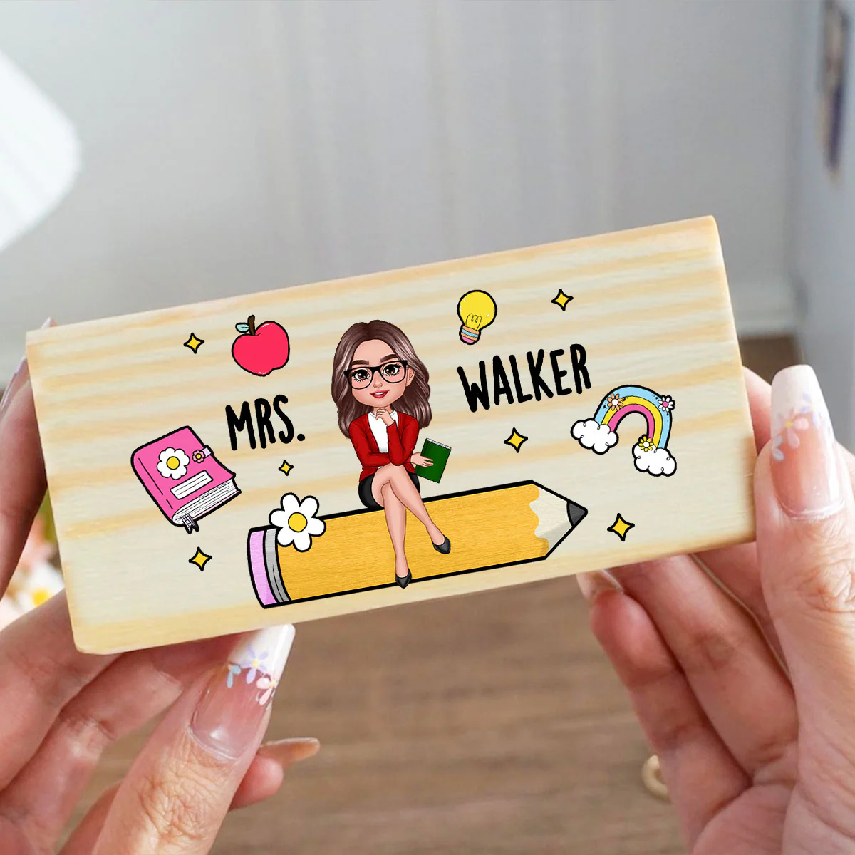 Teacher Sitting on Pencil Personalized Teacher Whiteboard Eraser, Custom Teacher Appreciation Gifts, Chalkboard Eraser with Marker - Image 5