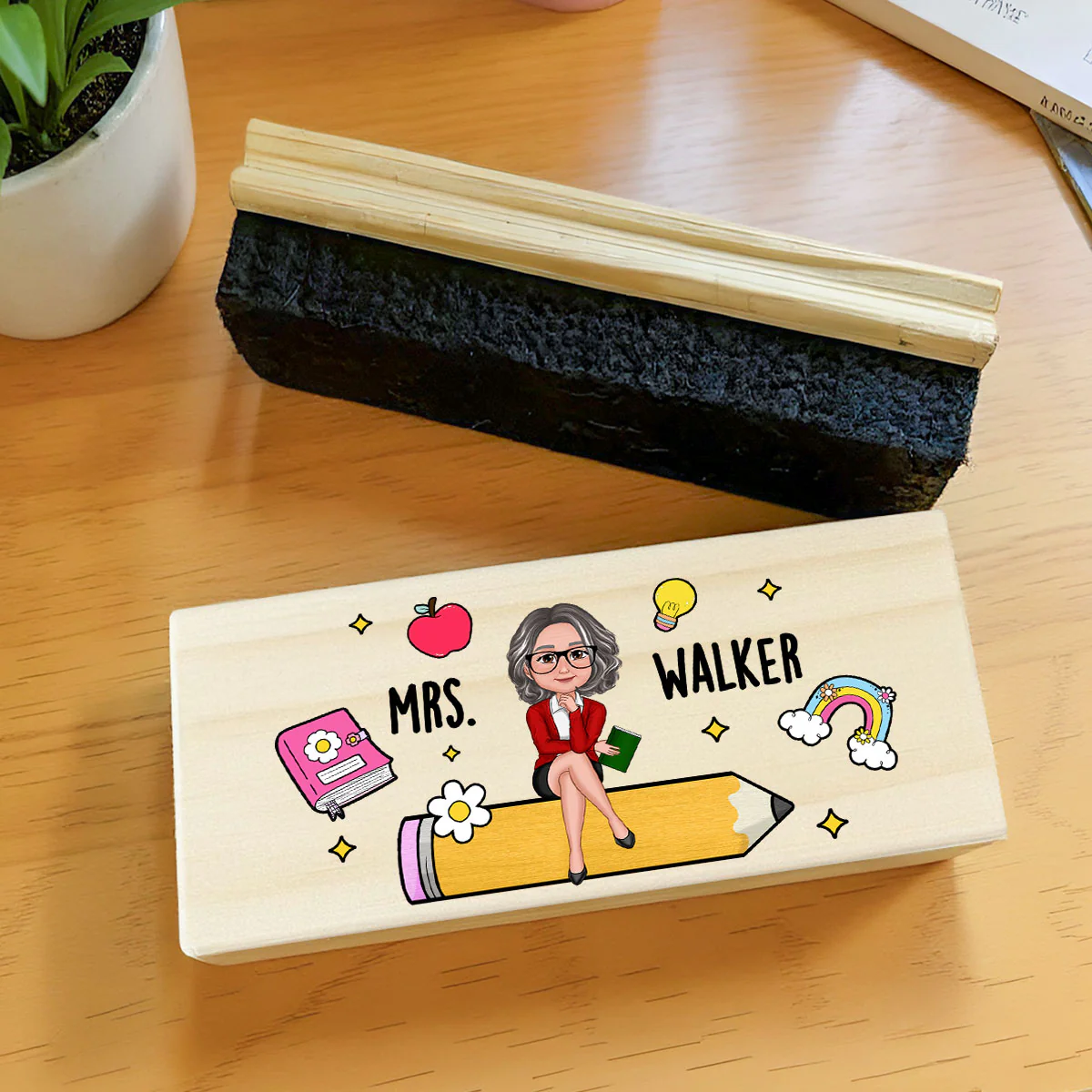 Teacher Sitting on Pencil Personalized Teacher Whiteboard Eraser, Custom Teacher Appreciation Gifts, Chalkboard Eraser with Marker - Image 6